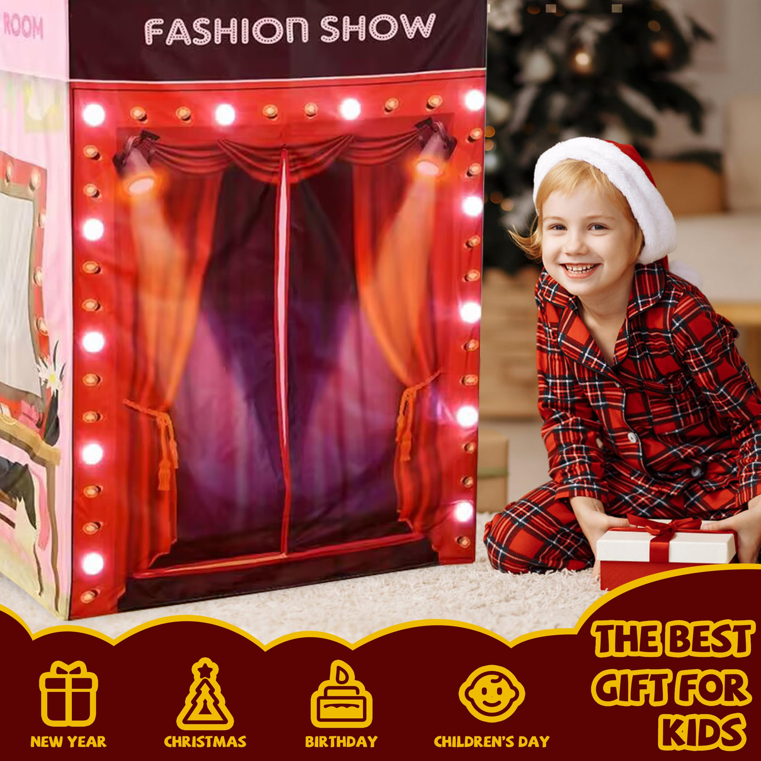 Foldable Kids Play Tent with LED Lights - Princess Castle & Fashion Show Tent for Indoor Play, Birthday Parties & Sleepovers