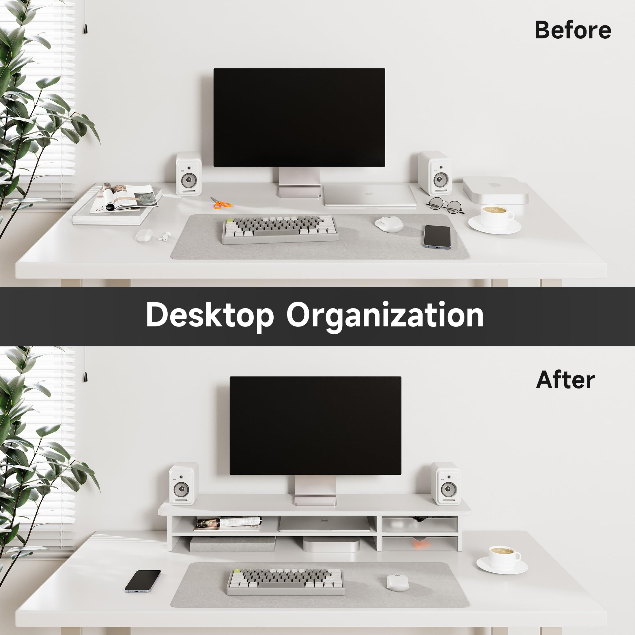 FENGE Dual Monitor Stand Riser with Storage Drawers - 2 Tier Wood & Acrylic Desktop Organizer for Computer, Laptop, Printer, TV - Space Saving Home Office Desk Accessory (White)