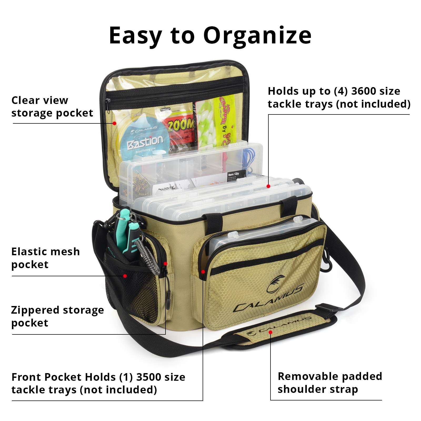 **Calamus Fishing Tackle Bag - Durable Rip-Stop PE Saltwater & Freshwater Fishing Gear - Padded Shoulder Strap & Pliers Storage - Khaki - Perfect for Shore, Boat, and Kayak Fishing**