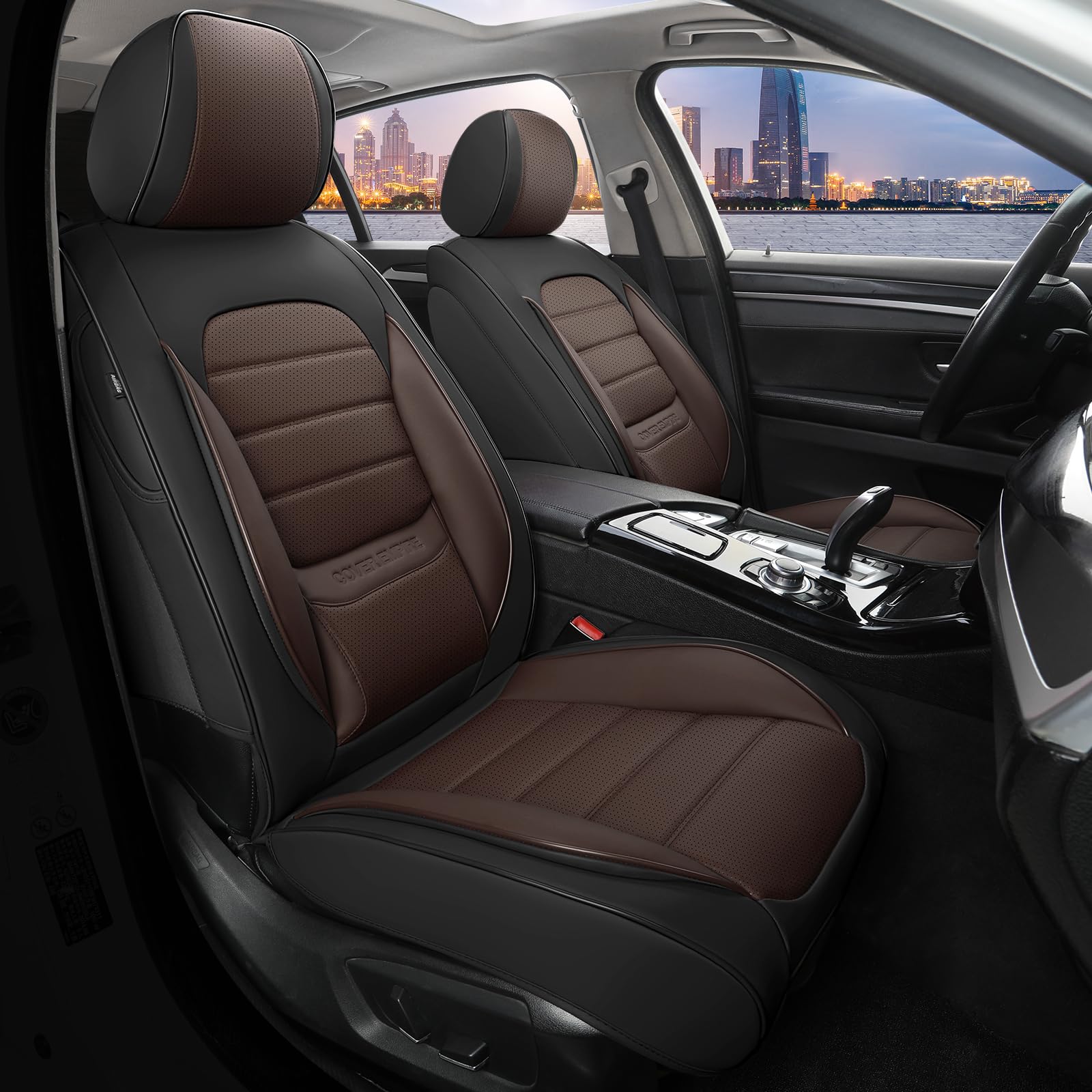 Premium Universal Leather Car Seat Covers Full Set (5 Seats) - Waterproof & Breathable Front & Rear Seat Protectors for Sedans, Trucks, SUVs - Black & Brown | Perfect for Daily Commuting, Road Trips & Family Protection