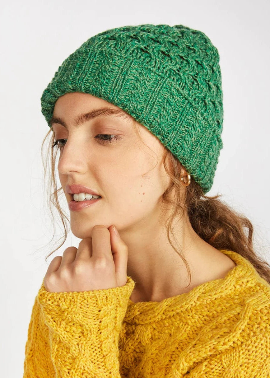 Ireland's Eye Aran Knit Hat for Men & Women - Warm Green Marl Wool Beanie for Winter, Outdoor Activities & Casual Wear