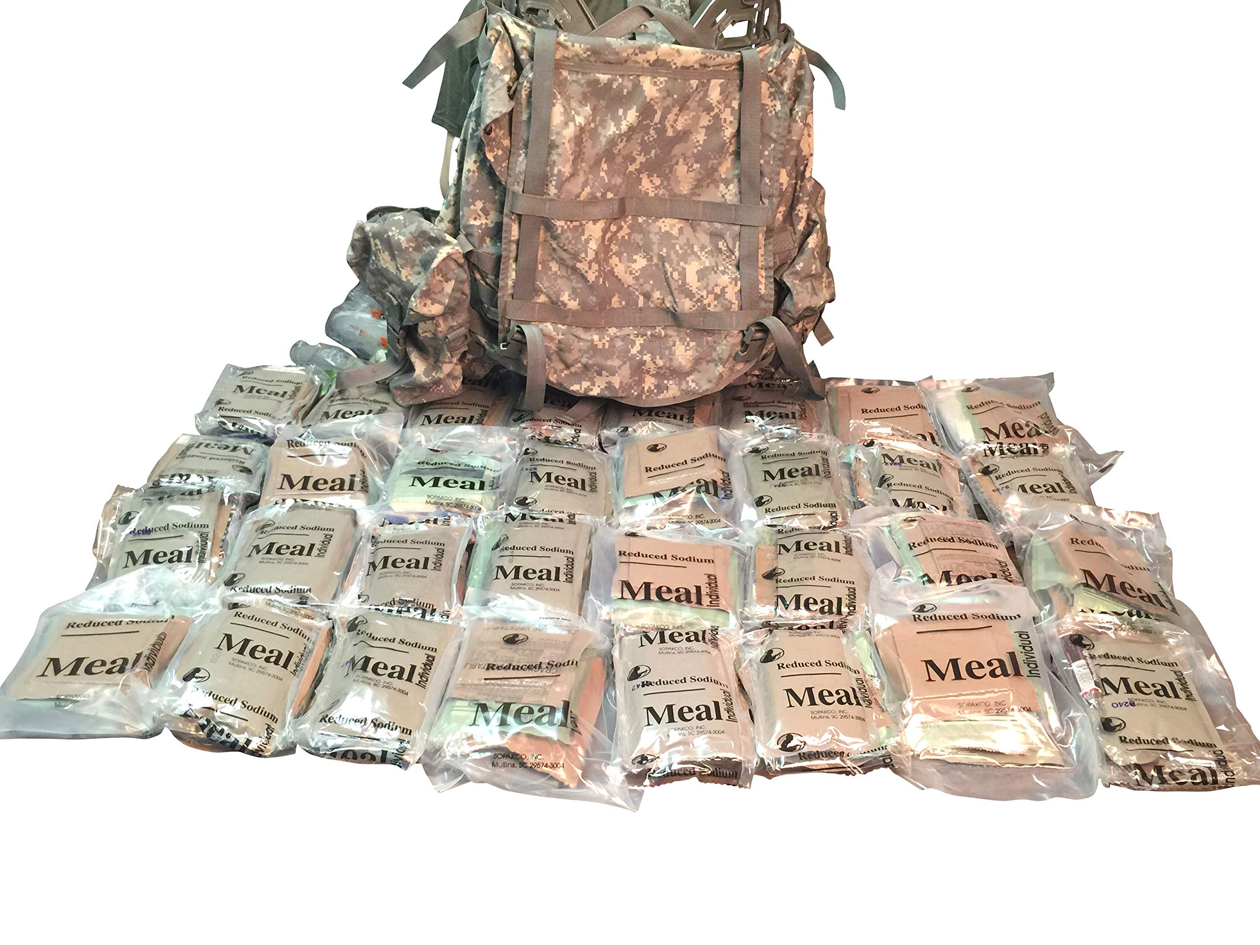MOLLE II ACU Ruck Military Backpack - Tactical MRE GO Bag with 28 Meals Ready to Eat - Perfect for Camping, Hiking, Survival & Emergency Preparedness