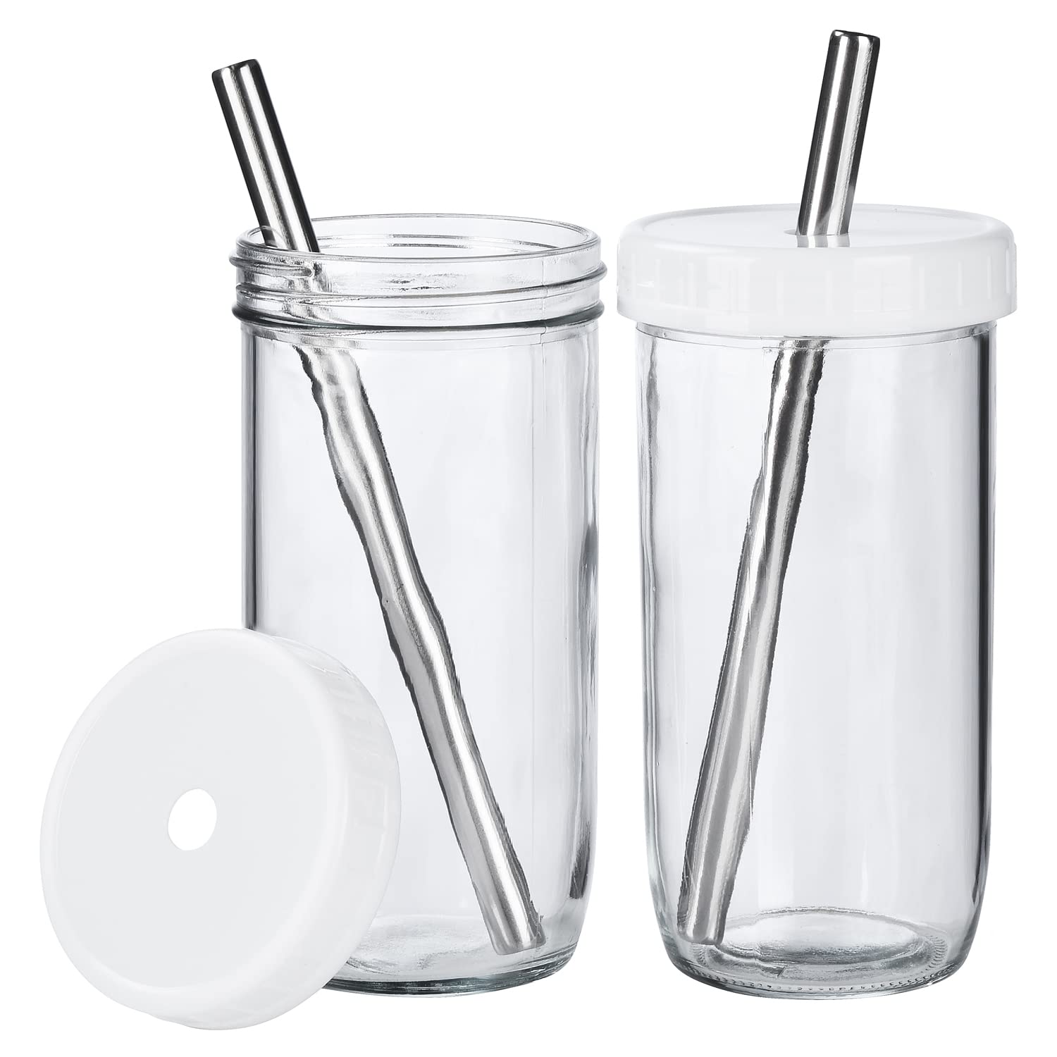 ALINK 24oz Reusable Glass Mason Jars - 2-Pack Wide Mouth Tumbler Cups with Lids & Straws for Bubble Tea, Smoothies, Iced Coffee | Perfect for Home, Office & Cafe Use