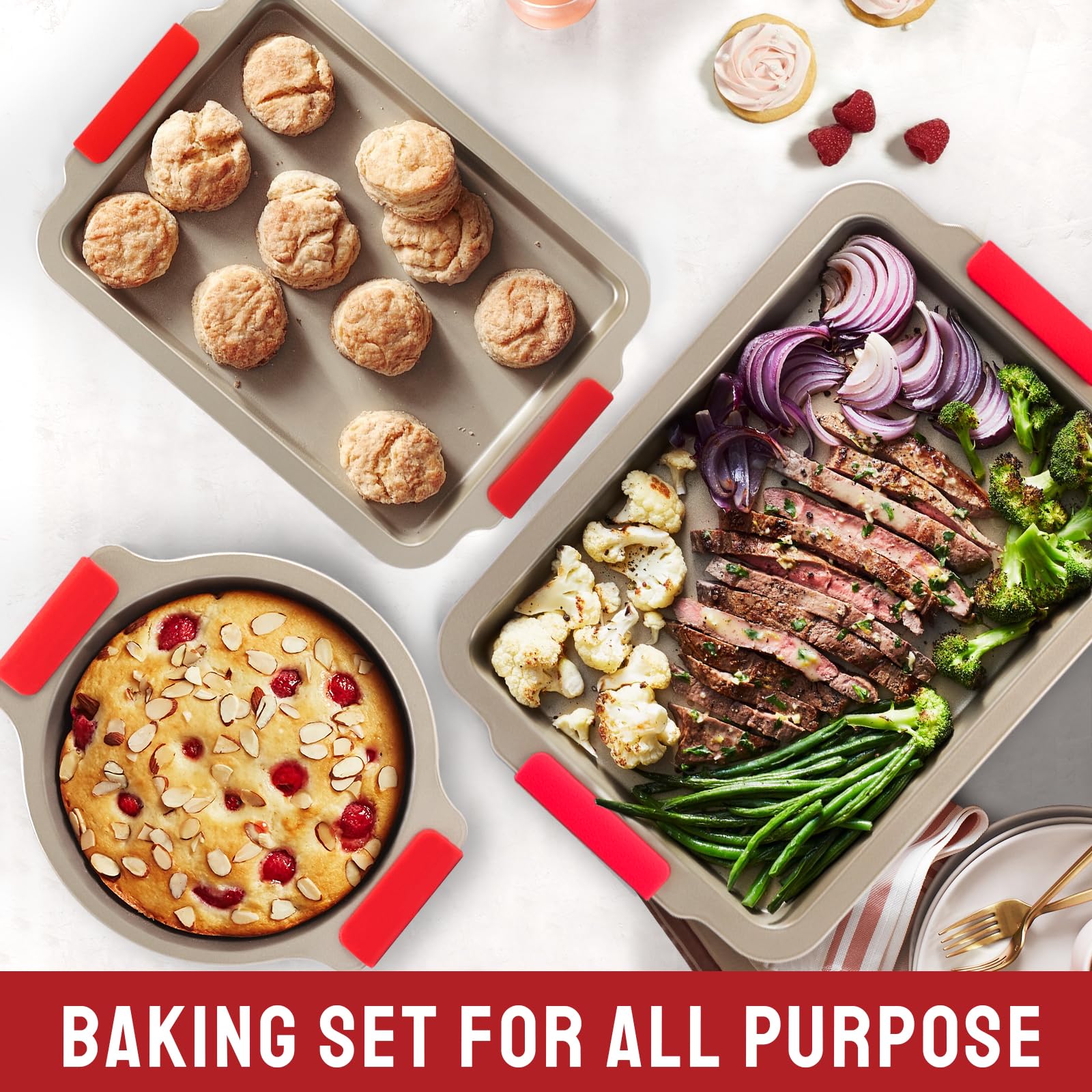 Premium 9-Piece Nonstick Bakeware Set - Cookie Sheet, Cake Pans, Muffin Pan, Roasting Pan & Cookie Cutters with Ergonomic Handles | Perfect for Baking Cookies, Cakes, Cupcakes & Holiday Roasts - Champagne Gold