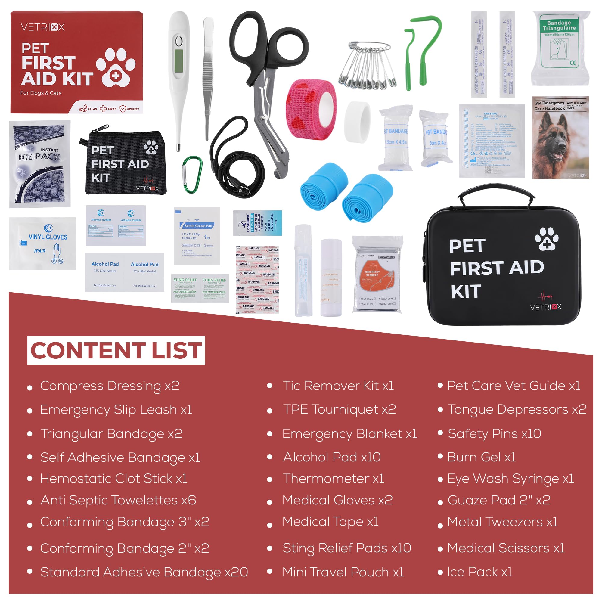 **85-Piece Dog & Cat First Aid Kit with Styptic Clotting Stick & Travel Pouch – Emergency Pet Medical Kit for Home, Travel, Hiking & Outdoor Adventures (Hard Case)**