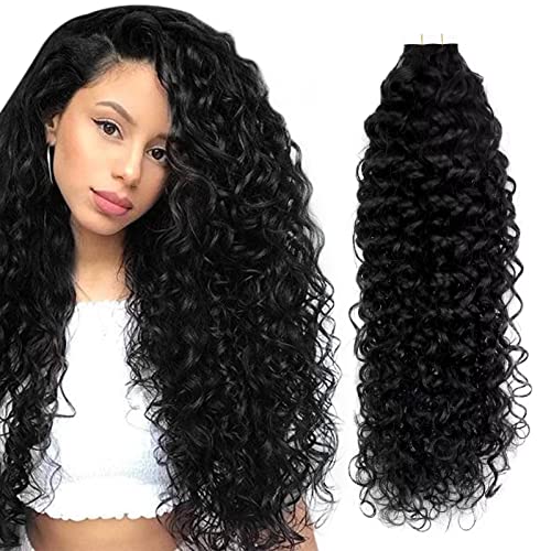 Easyouth 12Inch 40g 20Pcs Human Hair Tape in Extensions - Natural Black Remy Hair, Wavy Curly Tape-in Hair Extensions for Volume & Length | Perfect for Daily Styling, Parties & Special Occasions