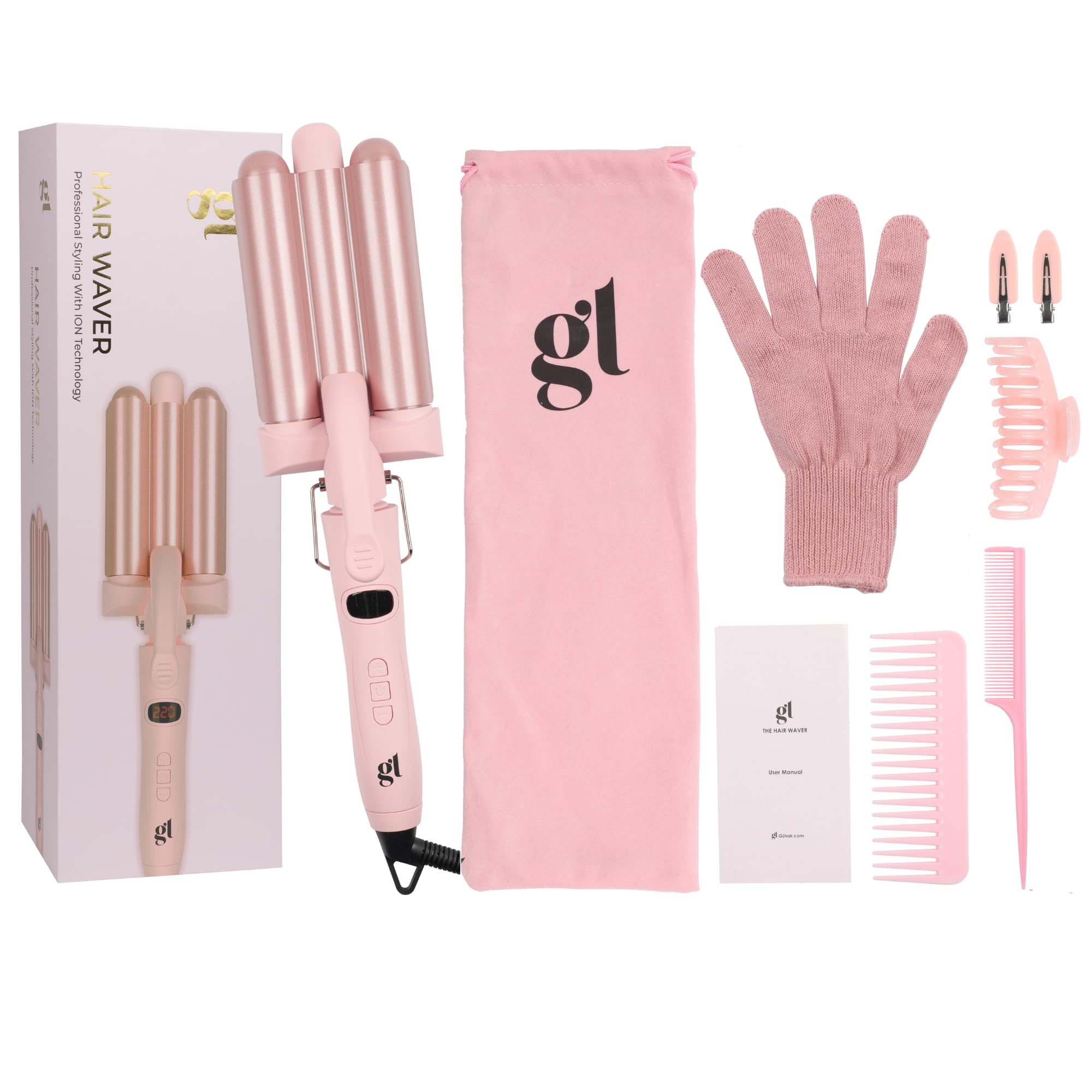 GL Hair 3 Barrel Waver Kit (6-Piece Set) - 25mm Curling Iron with 3 Heat Settings, Fast Heating for Beachy Mermaid Waves - Perfect for Long & Short Hair Styling at Home, Parties & Special Events