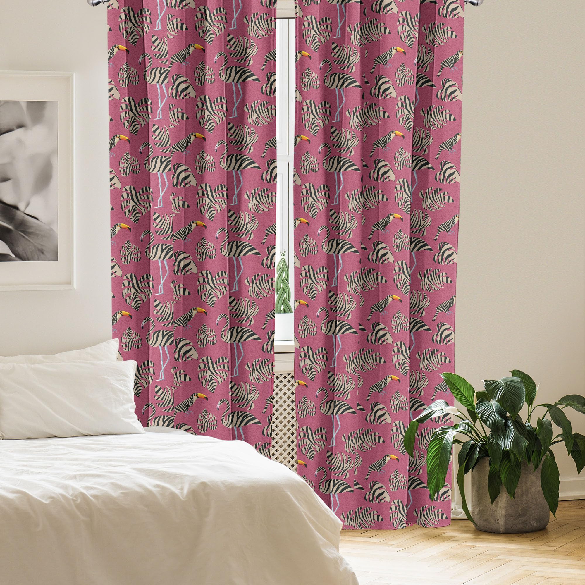 Ambesonne Pink Zebra Print Window Curtains with Flamingo & Toucan Tropical Leaf Design - Lightweight Blackout Drapes for Bedroom, Living Room - 2 Panel Set with Rod Pocket, 28