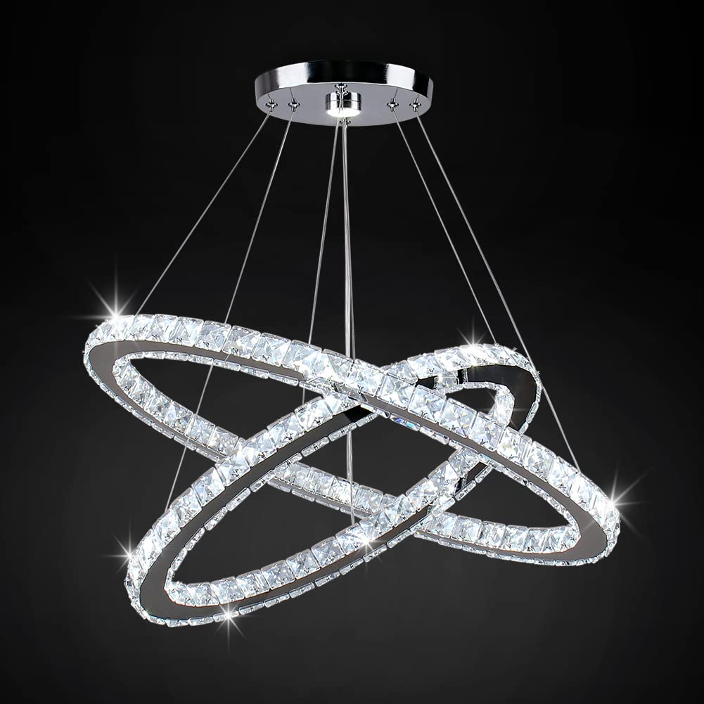 Modern Crystal Chandelier - 2-Tier Oval Pendant Light with Adjustable Height, 6000K Cool White (19.7