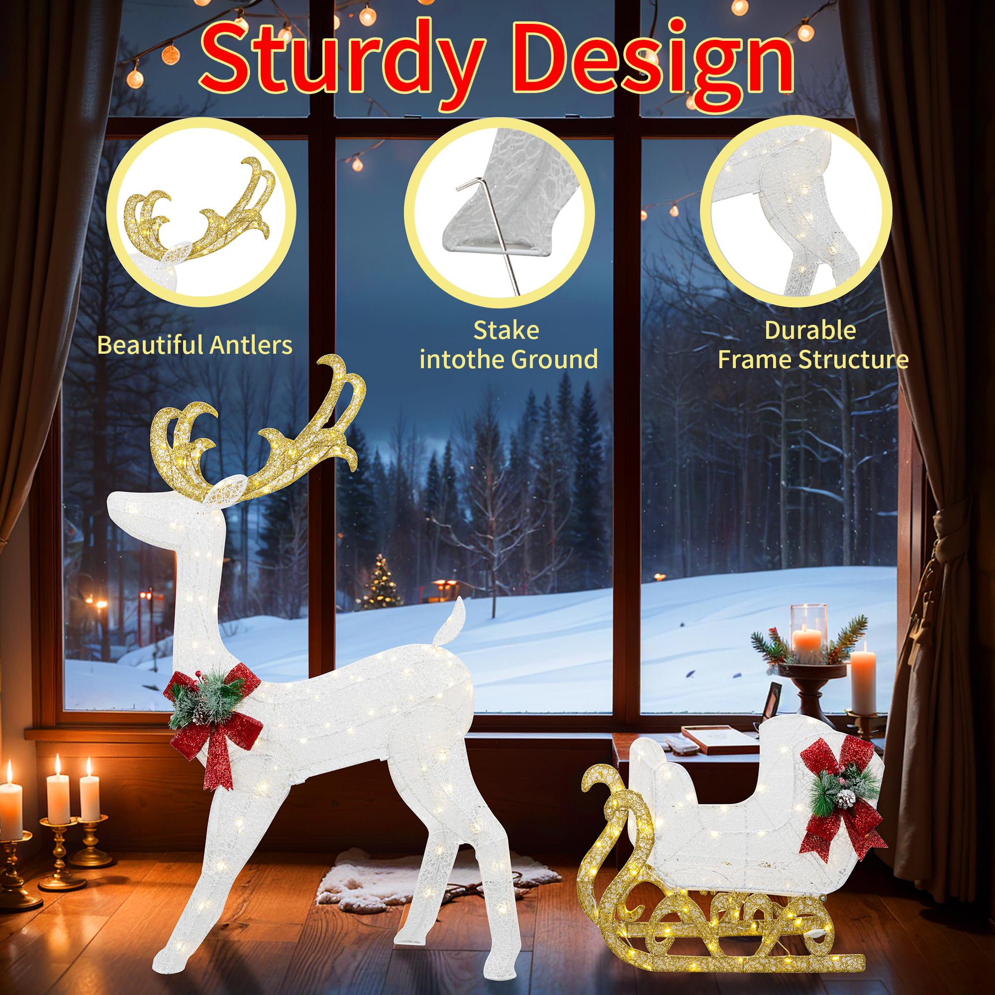 White Reindeer and Santa's Sleigh Christmas Decor with Pre-Strung LED Lights & Ground Stakes - Outdoor Holiday Yard Decoration for Festive Home Decor