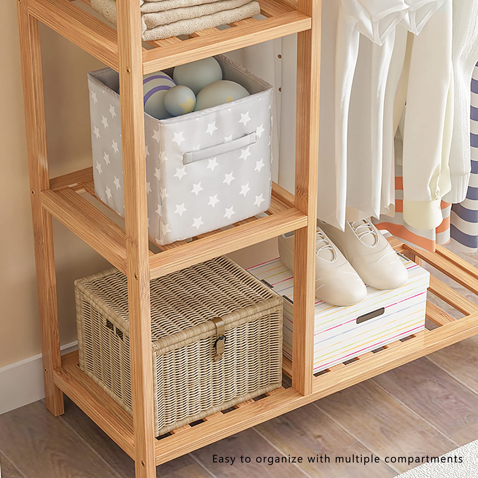 5-Tier Bamboo Wood Clothing Rack with Shelves - Heavy Duty Garment Organizer for Minimalist Wardrobe | Perfect for Bedroom, Closet & Laundry Room Storage