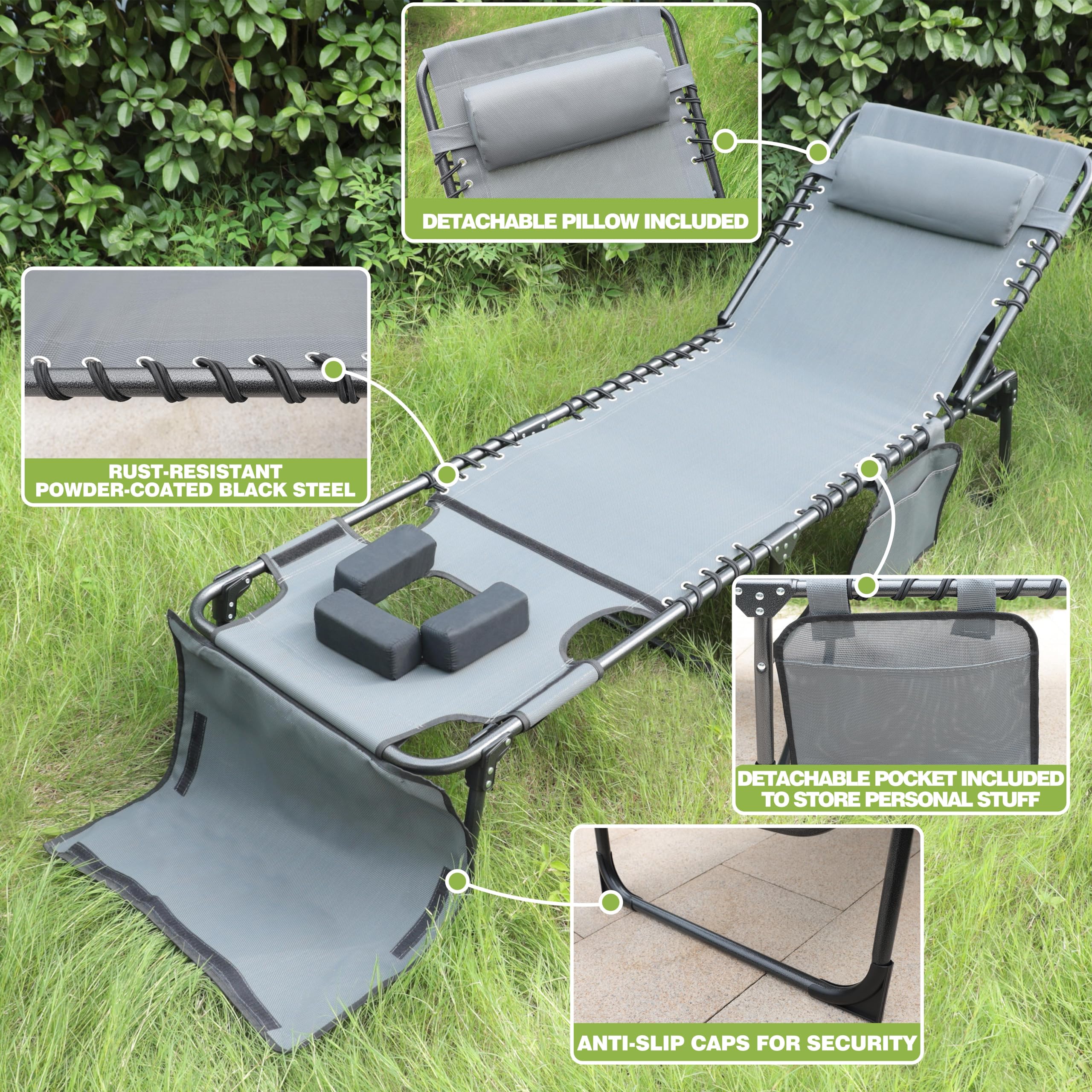 VEIKOU 5-Position Adjustable Tanning Chair with Face Hole - Portable Beach Lounge Chair with Pillow & Storage Pocket - Upgraded Outdoor Sunbathing Chair for Poolside, Patio, Backyard & Beach - Deep Grey