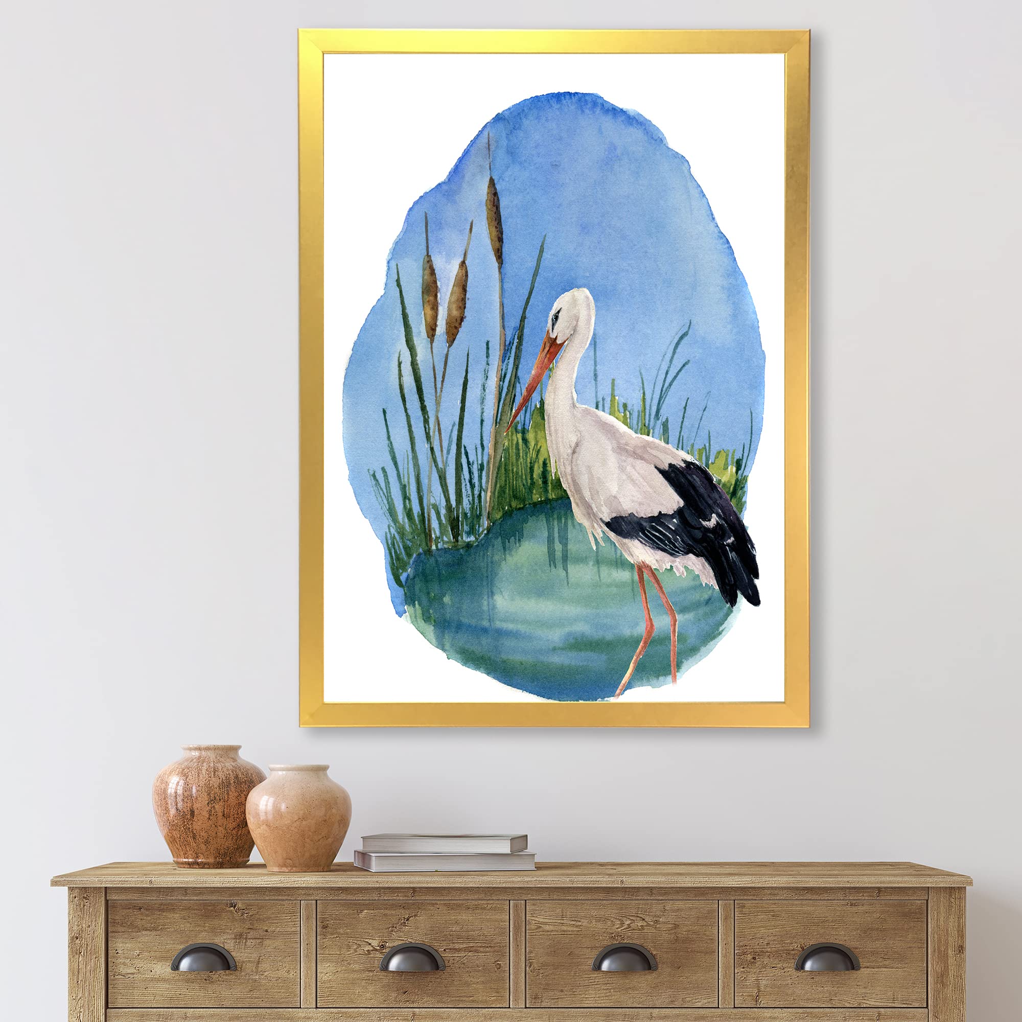DesignQ White Stork On The Swamp Traditional Framed Wall Art - Nature Inspired Home Decor for Living Room, Bedroom & Office