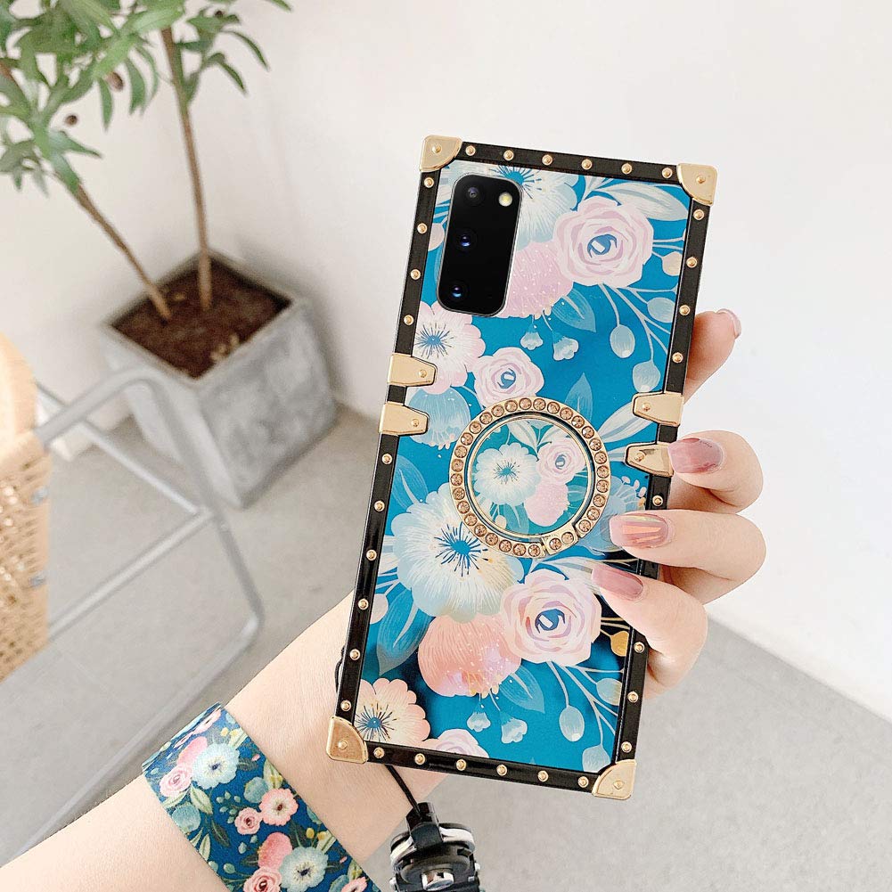 YonMeet Square Floral Phone Case for Samsung Galaxy S20 - Shockproof Soft Protective Cover with Holder Ring & Strap - Rose Flower Design - Perfect for Daily Use, Work, and Travel (Rose 1)