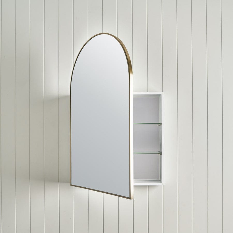 Brushed Brass Arch Mirror Cabinet - Elegant Bathroom Vanity with Storage for Modern Home Decor | Perfect for Bathroom, Bedroom, or Entryway Organization