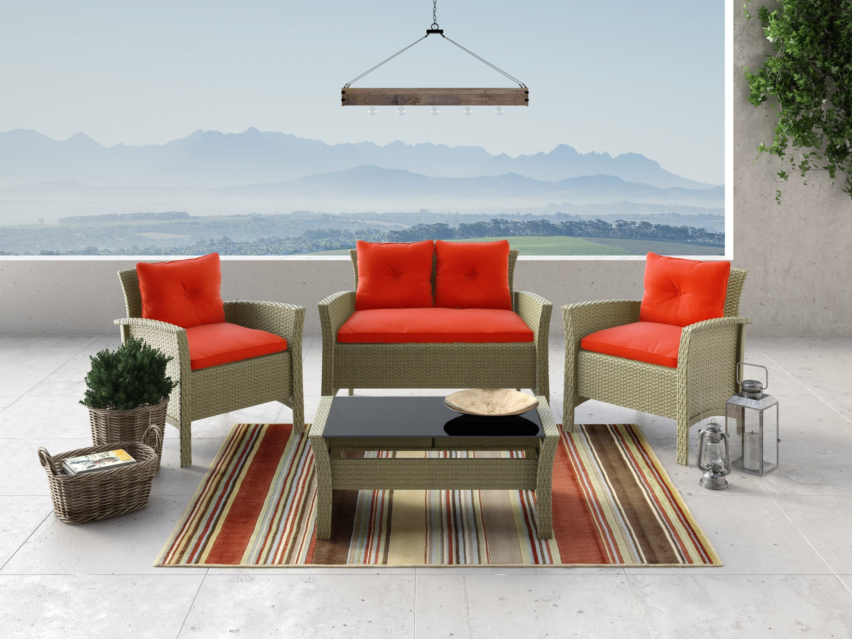 4-Piece Red Wicker Patio Furniture Set - Outdoor Dining & Lounge Chairs for Garden, Poolside, or Backyard Relaxation