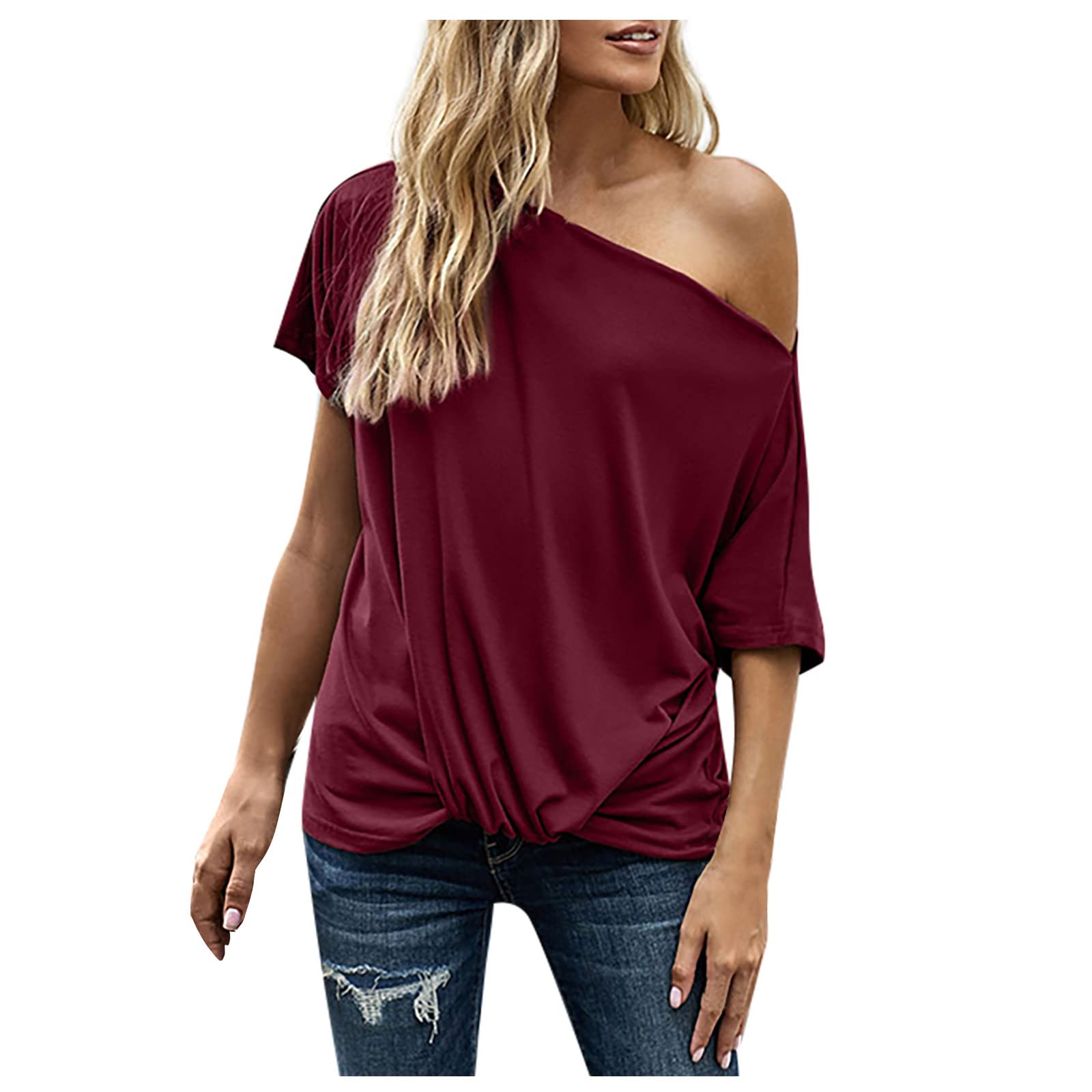 Women's Oversized Summer Tops - Solid Color Off Shoulder T-Shirts & Batwing Sleeve Casual Tunic Blouses for Beach, Vacation and Everyday Wear