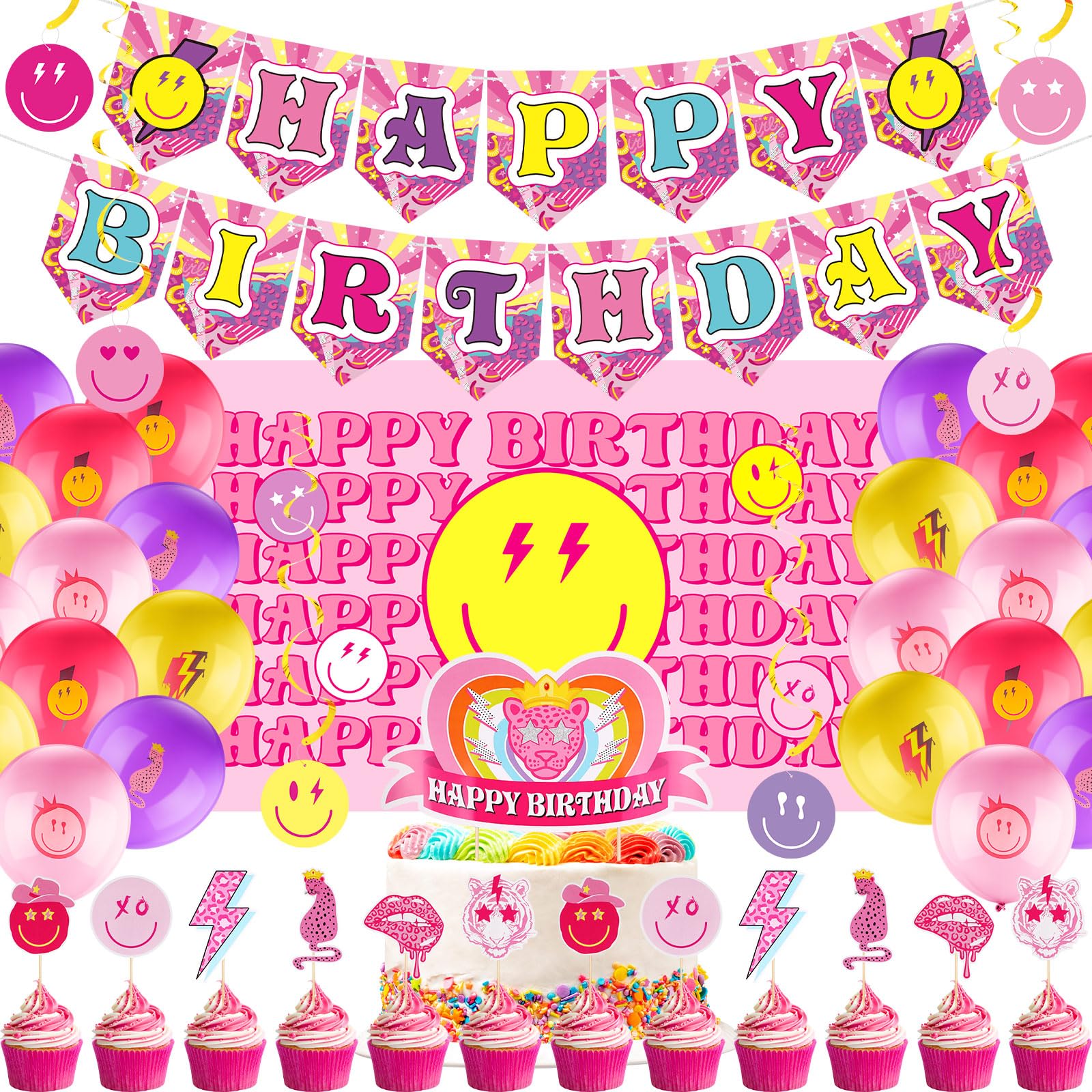111 Pcs Preppy Style Pink Party Supplies Set - Happy Birthday Banner, Balloons, Stickers & Toppers for Preppy Smile Happy Face Theme | Perfect for Birthday Parties, Baby Showers & Girly Celebrations