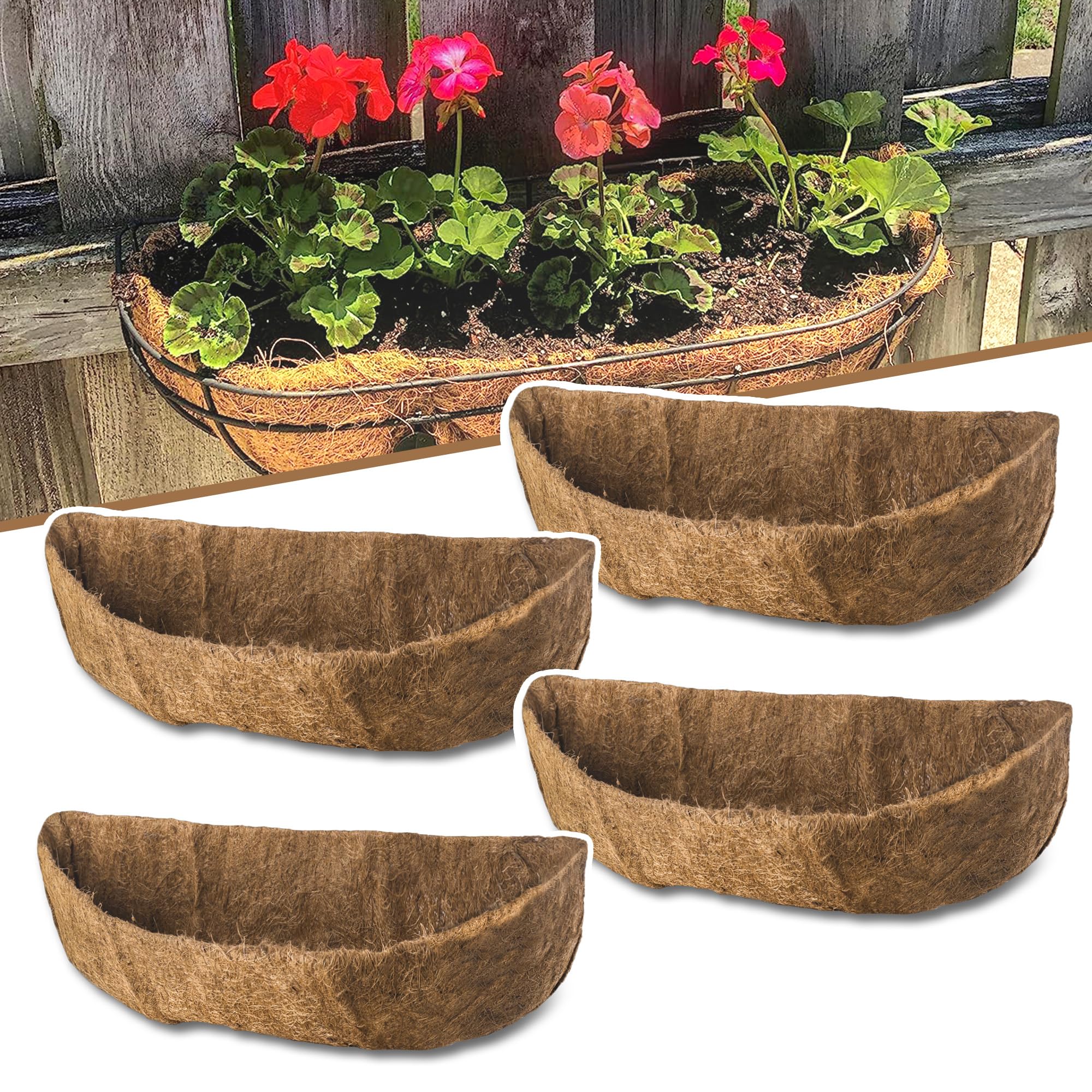 Premium 24 Inch Coco Liners for Planters - 4 Pack Natural Coconut Fiber Plant Basket Liners for Window Boxes, Wall Planters & Outdoor Gardens | Perfect for Balcony, Patio & Vertical Gardening