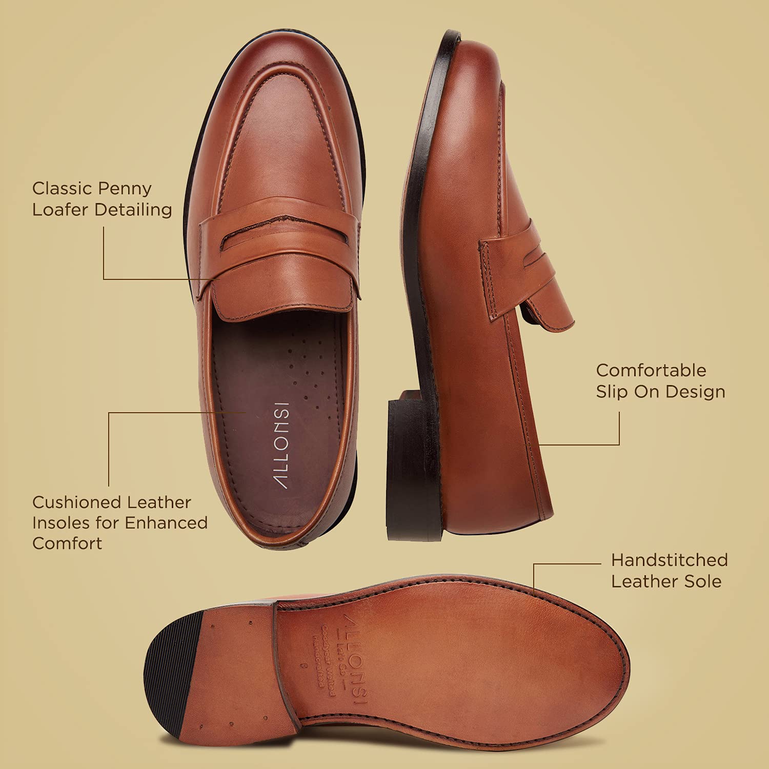 Genuine Leather Men's Penny Loafers | Handcrafted Goodyear Welted Dress Shoes | Comfortable Slip-On Leather Sole Loafers for Men | Business Casual & Formal Wear | Office, Wedding & Special Occasion Shoes
