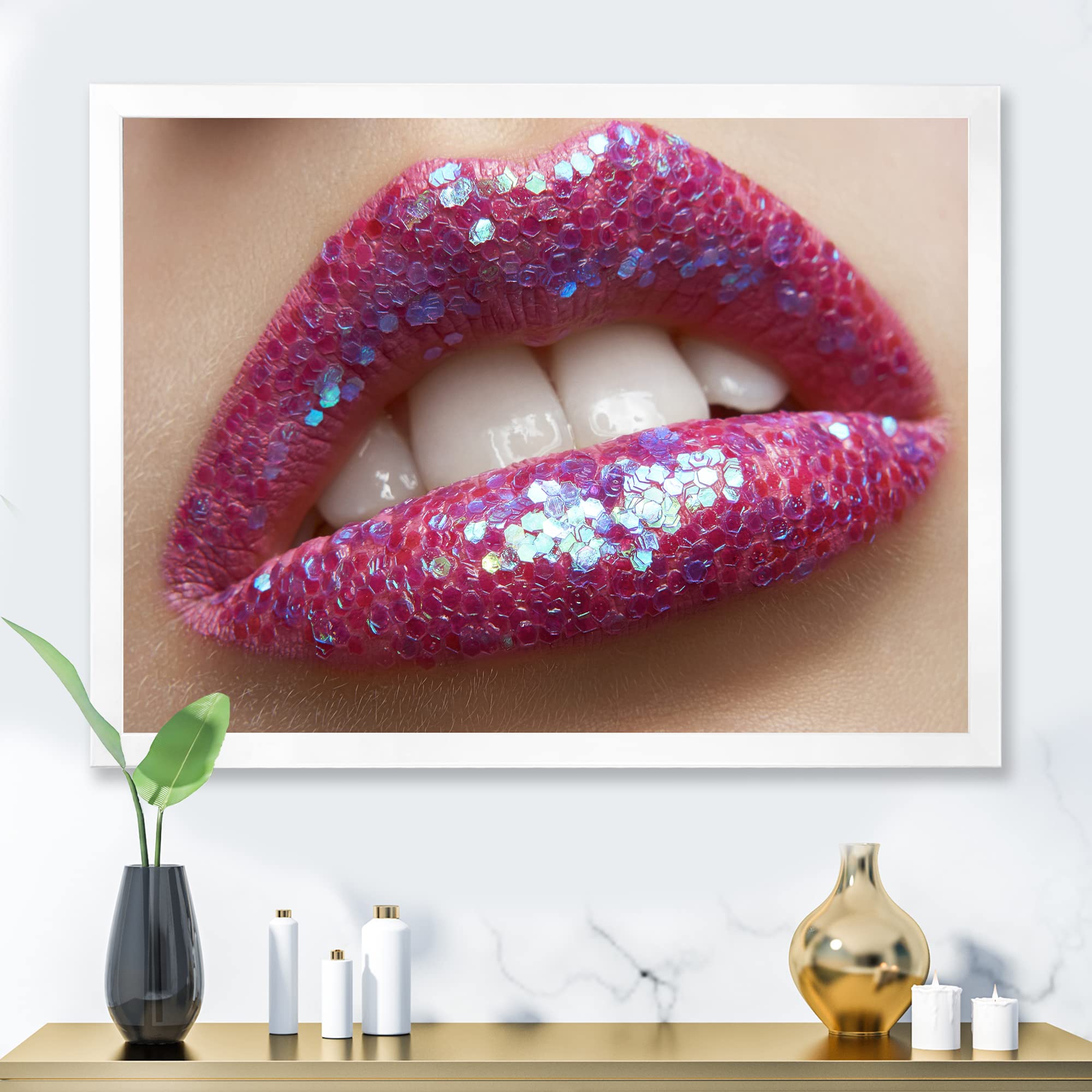 Pink Lipstick and Sequins Modern Framed Wall Art for Women - Elegant Home Decor for Living Room, Bedroom & Office