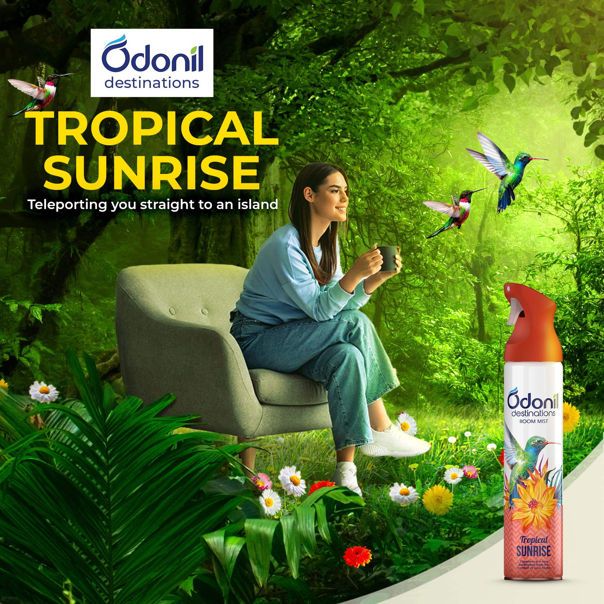 Odonil Destinations Room Air Freshener Spray 240ml - Tropical Sunrise Scent | Long Lasting Fragrance for Home, Office & Car | Eliminates Odors & Freshens Air Instantly