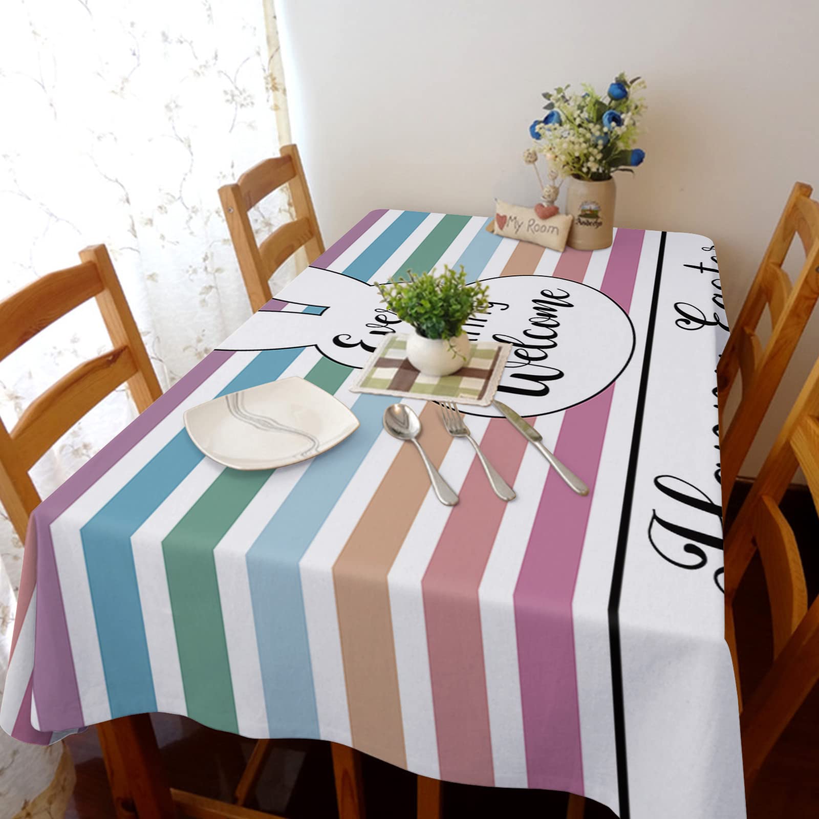 Easter Bunny Welcome Striped Rectangle Tablecloth - 54x109 Inch Cotton Linen Table Cover for Dining, Kitchen, Coffee Tables | Perfect for Weddings, Birthday Parties & Holiday Decor