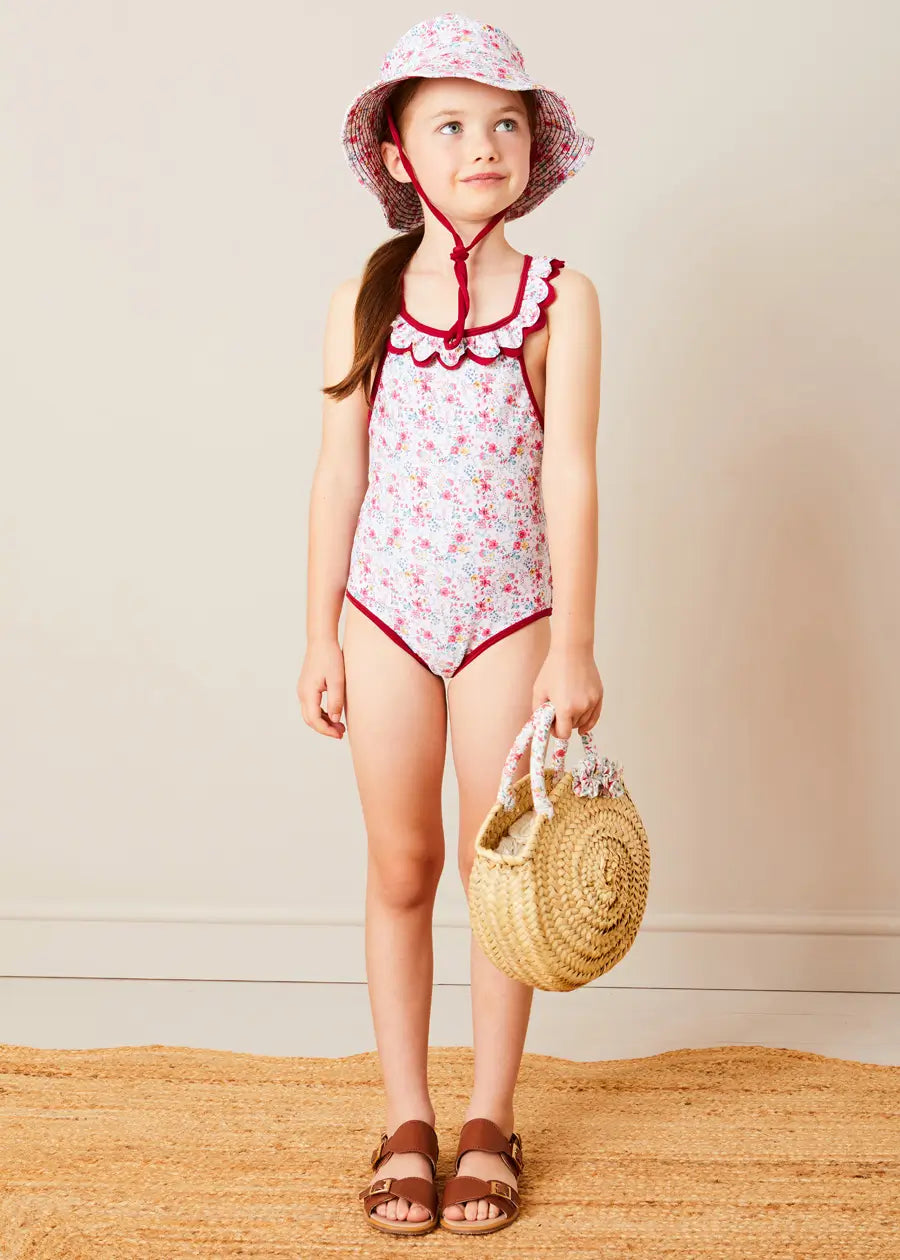 Louisa Floral Ruffle Trim Swimsuit for Girls Age 2-10 Years | Pink Ruffled Bathing Suit | Perfect for Beach, Pool & Summer Vacations