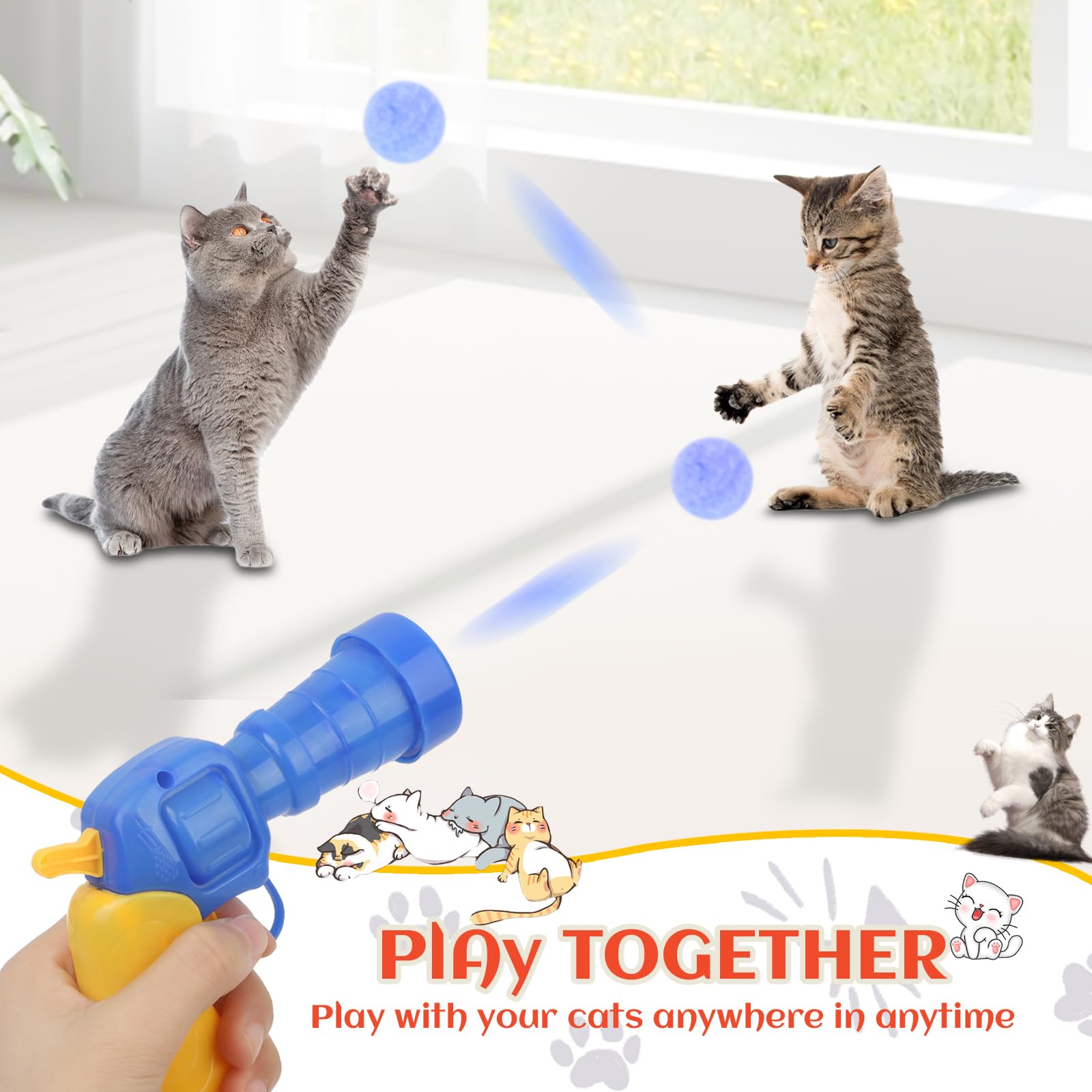 Silent Plush Cat Toy Ball Launcher with 80 Pom Pom Balls - Interactive Indoor Cat Exercise Toy for Playful Kittens - Perfect for Stimulating Playtime & Keeping Cats Active (Deep Blue)
