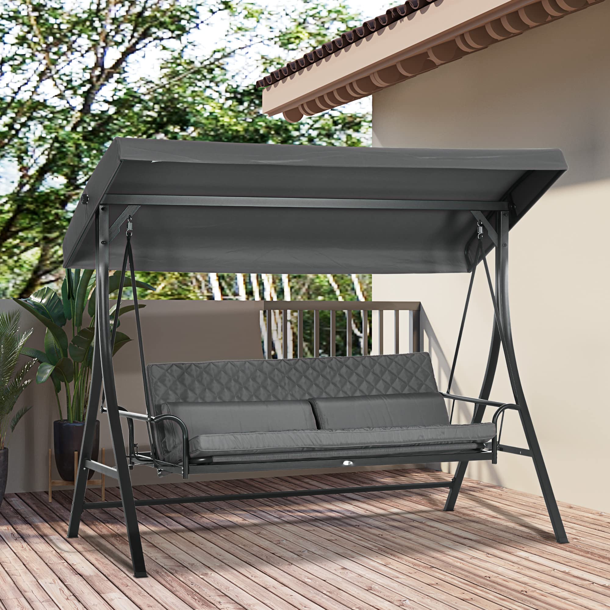 Outsunny 3-Person Patio Swing Chair Bed - Convertible Flatbed Outdoor Porch Glider with Adjustable Canopy & Removable Cushions - Perfect for Garden, Poolside, Backyard Relaxation (Gray) | Ideal for Lounging, Sunbathing, and Outdoor Napping