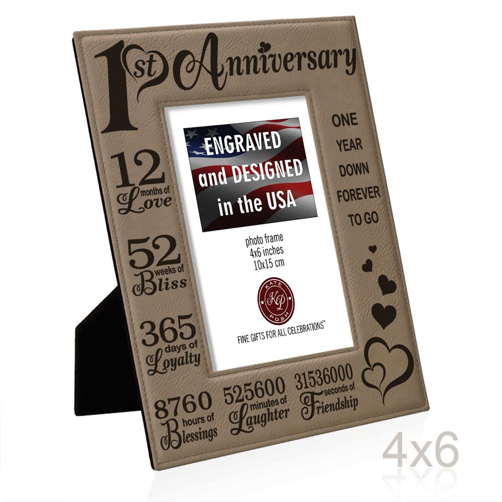 KATE POSH 1st Anniversary Engraved Leather Picture Frame - 4x6 Vertical Wedding Gift for Couples, Him & Her | Romantic Keepsake for Paper Anniversary | Perfect for Bedroom, Office Desk or Gift Display