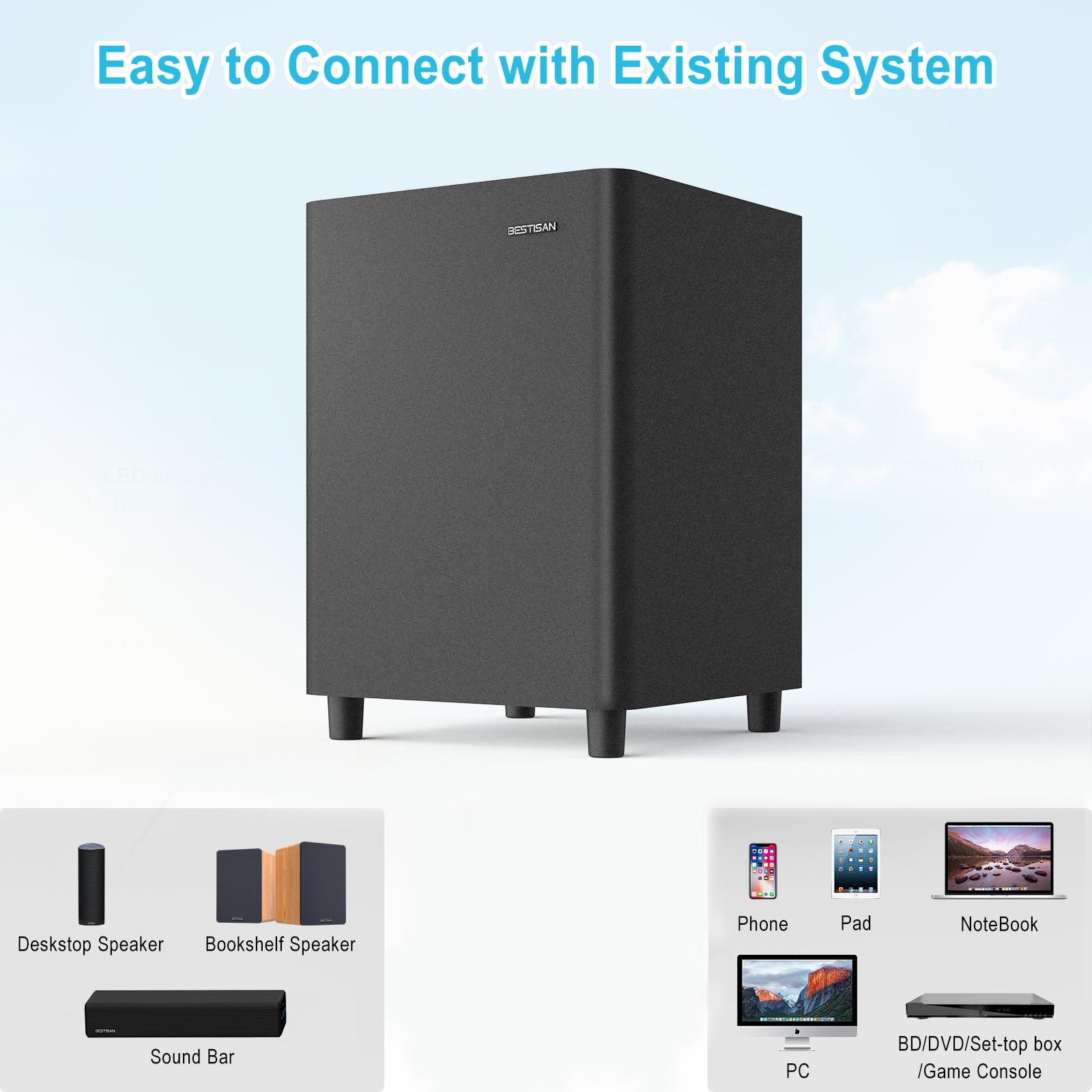 **BESTISAN Powered Subwoofer - Compact Down-Firing Deep Bass Subwoofer for Home Theater, TV & Audio Systems | Easy Setup with Included Coaxial Cable | Perfect for Movies, Music & Gaming (Black)**