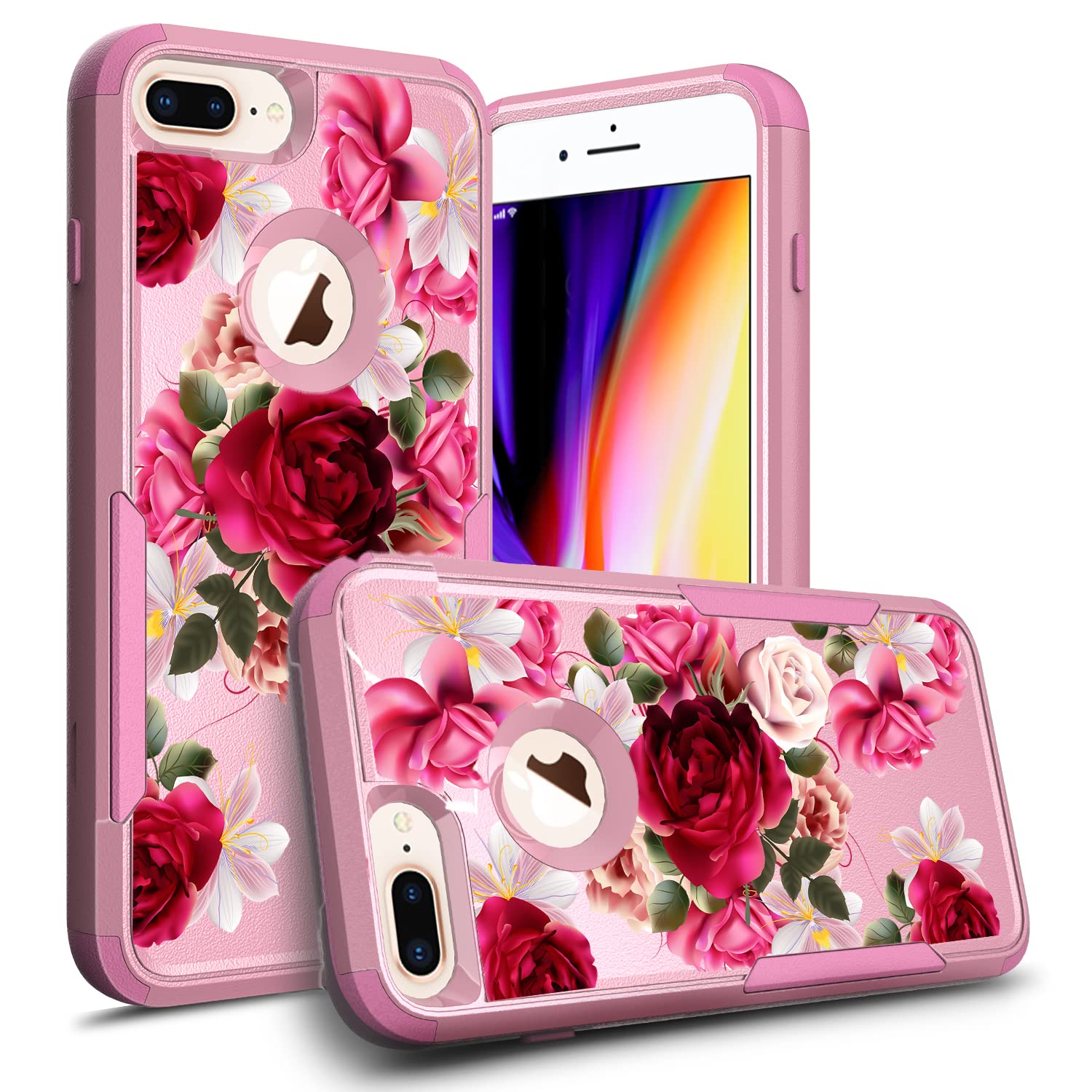 Pink Cute Heavy Duty Shockproof Protective Hard Case for Apple iPhone 8 Plus & iPhone 7 Plus - Floral Red Rose Design - Perfect for Women & Girls - Ideal for Everyday Use, Work, and Outdoor Activities