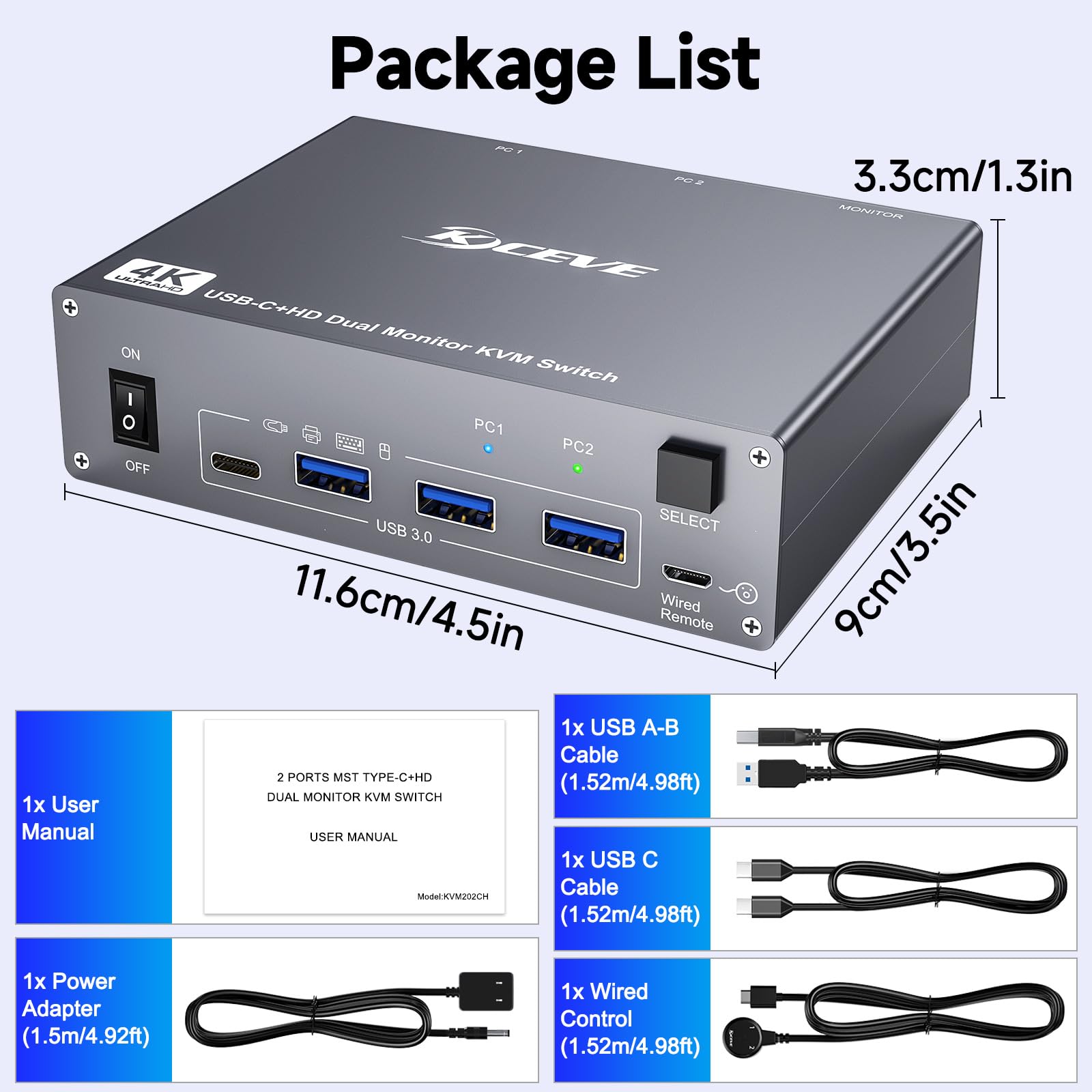4K@60Hz USB C KVM Switch - Dual Monitor HDMI KVM for 1 PC & 1 Laptop, Share 2 Monitors & 4 USB 3.0 Devices with 100W PD Charging | Includes Wired Remote & USB Cables | Perfect for Home Office & Multi-Device Workstations