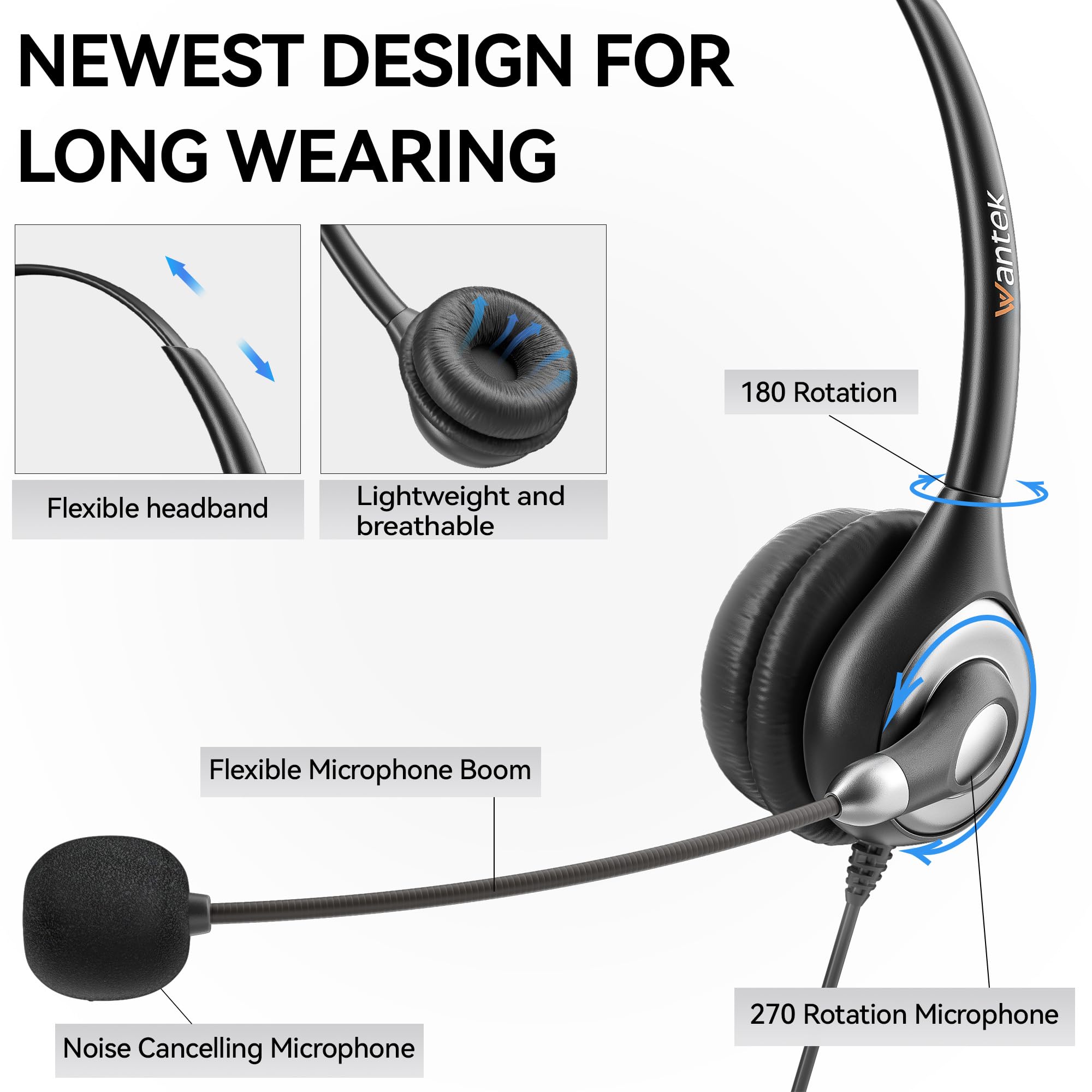 Wantek 601N Noise Cancelling Headset with Microphone - Detachable Type-C Cable, 3.5mm Plug & USB Adapter - Compatible with PC, Laptop, Tablet, Smartphone - Ideal for Call Centers, Online Meetings, Teams & Remote Work