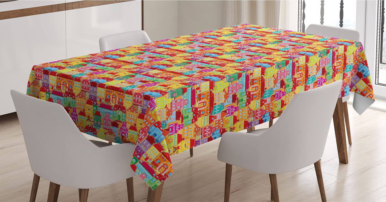 Ambesonne European Architecture Cartoon Tablecloth - Urban Cityscape Art with Pillars & Fountains - 60x84 Inch Satin Dining Table Cover for Kitchen & Living Room - Multicolor Home Decor for Parties, Holidays & Everyday Use