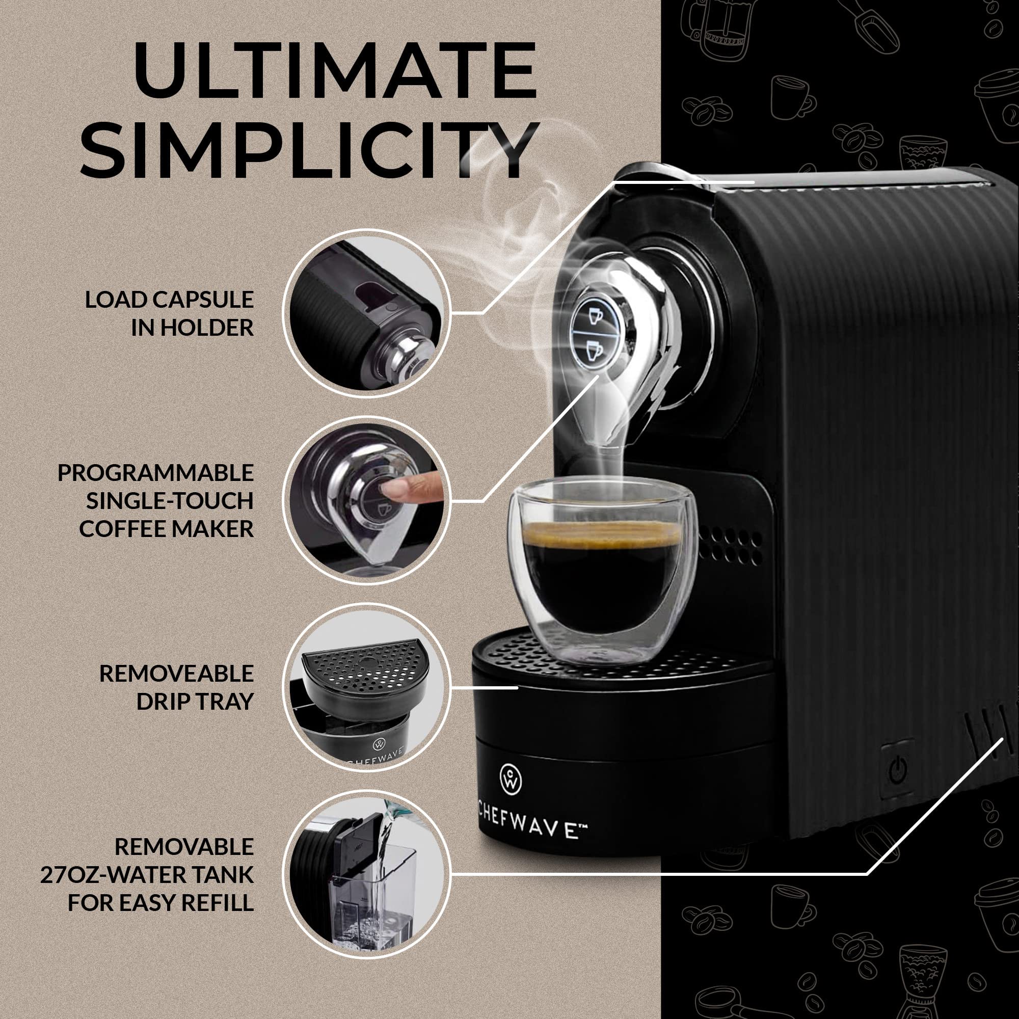 ChefWave Espresso Machine & Coffee Maker with 20 Bar Pump - Compatible with Nespresso Capsules, Programmable One-Touch Operation, Includes Pod Holder & Glasses (Black) - Perfect for Home, Office & Coffee Shops