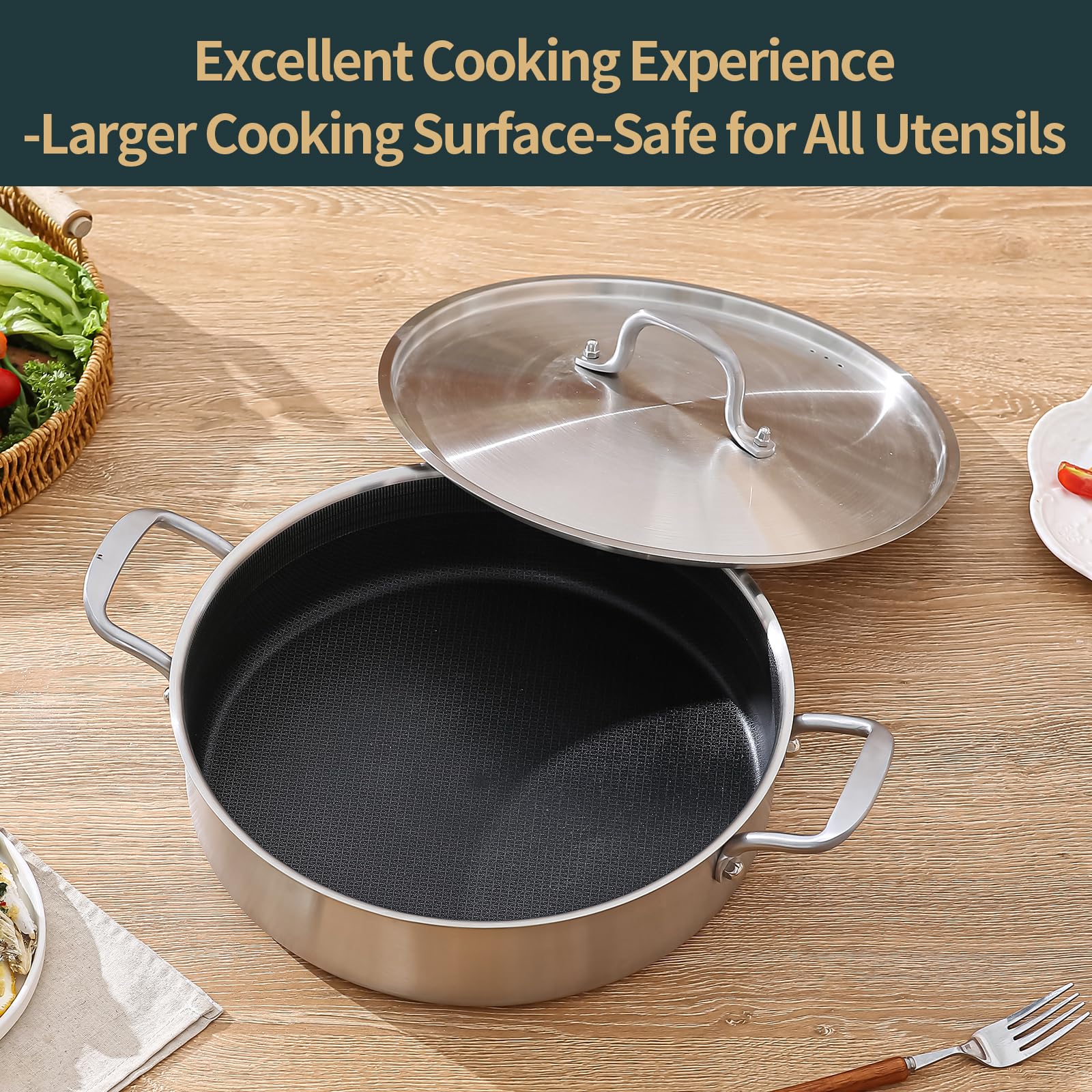 5 Quart Tri-Ply Hybrid Nonstick Stainless Steel Saute Pan with Lid - 12 Inch Deep Frying Pan & Rondeau Pot - Oven & All Cooktops Safe up to 600℉ - Perfect for Searing, Frying & Braising - Ideal for Home Chefs & Professional Kitchens