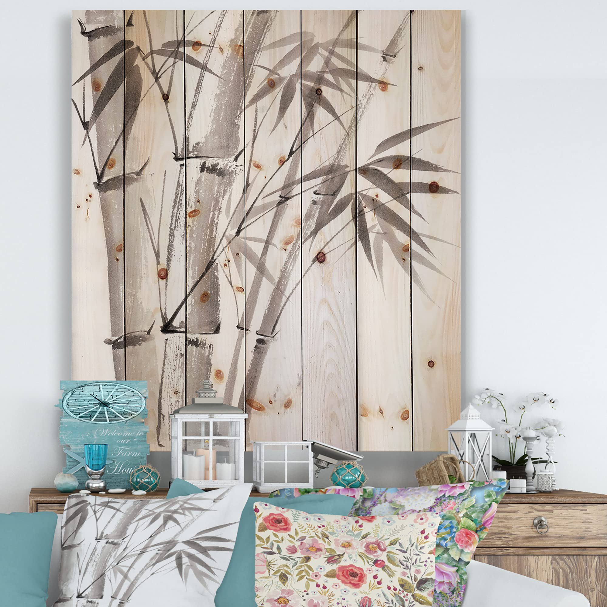 DesignQ Palm Bamboo Detail III Traditional Wood Wall Decor - Grey Floral Wood Art Panel, Large Natural Pine Wood Wall Hanging for Living Room, Bedroom & Office Decor