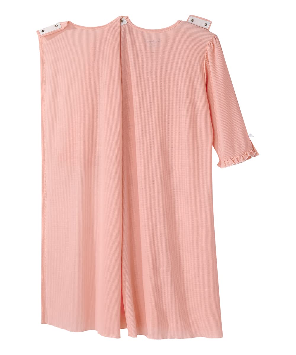 Women's Open Back Adaptive Waffle Knit Nightgown - Comfortable Hospital Gown for Seniors with Decorative Bows | Easy Wear for Post-Surgery, Elderly Care & Home Recovery