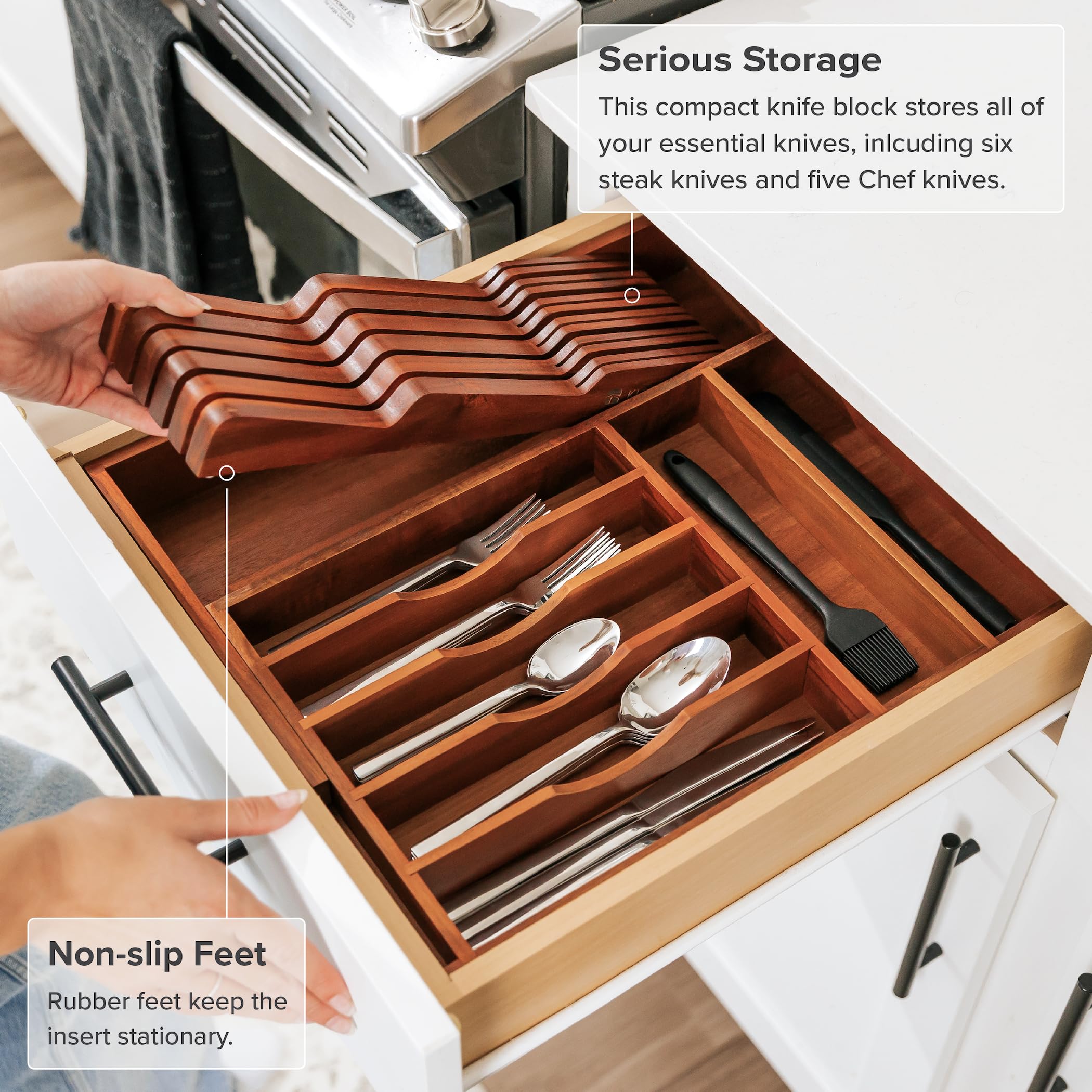 Premium Acacia Wood Knife Block Holder - Organizer for 5 Long & 6 Short Knives (Not Included), Universal Fit with Rubber Feet & Food-Safe Finish | In-Drawer Kitchen Storage for Countertop or Cabinet Use
