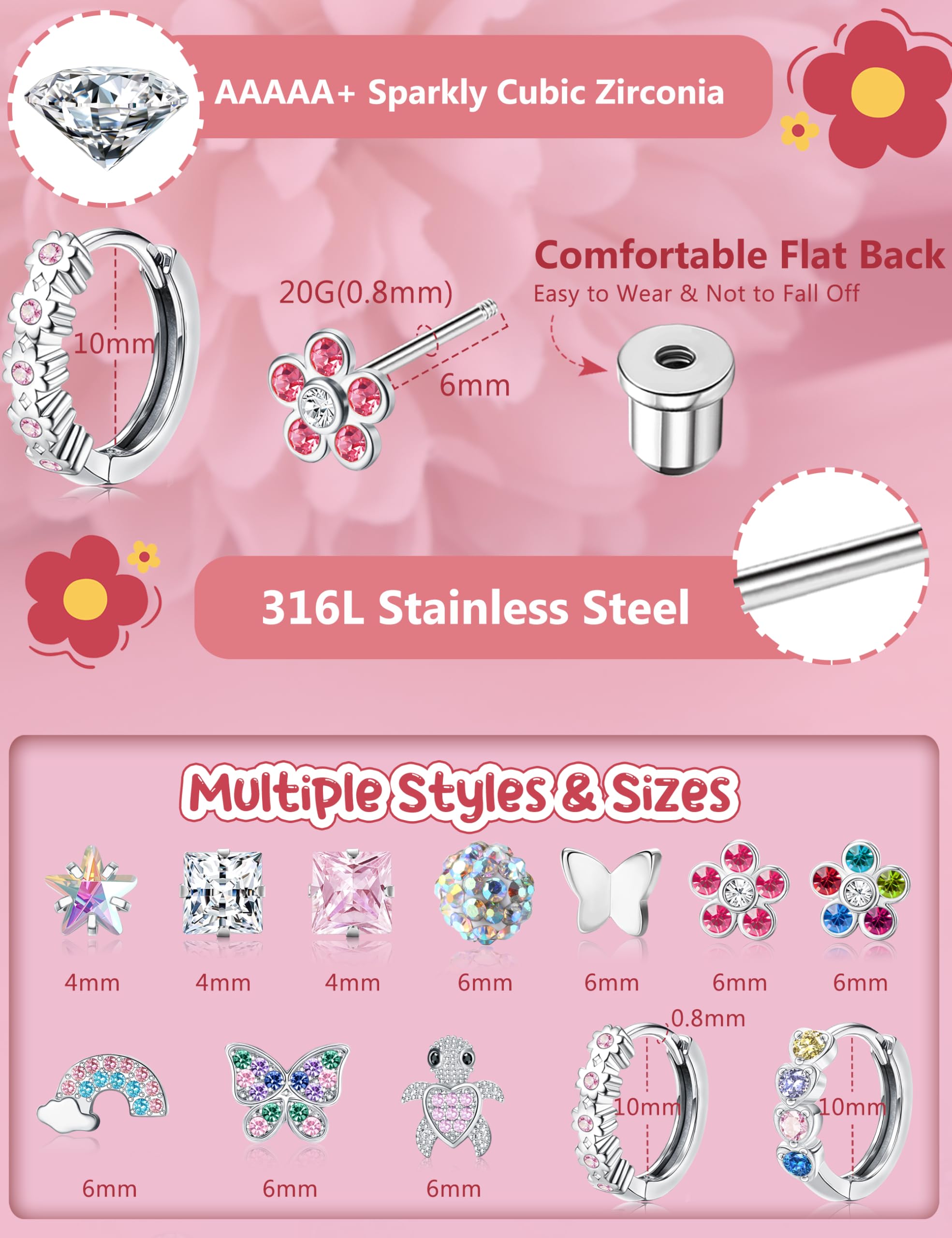 Hypoallergenic Surgical Stainless Steel Earrings for Women & Girls - 12 Pairs Screw Back Stud Earrings with Flower & Butterfly Designs for Sensitive Ears | Cute Hoop & Stud Earrings for Kids, Teens & Adults | Perfect for Daily Wear, Gifts & Special Occasions