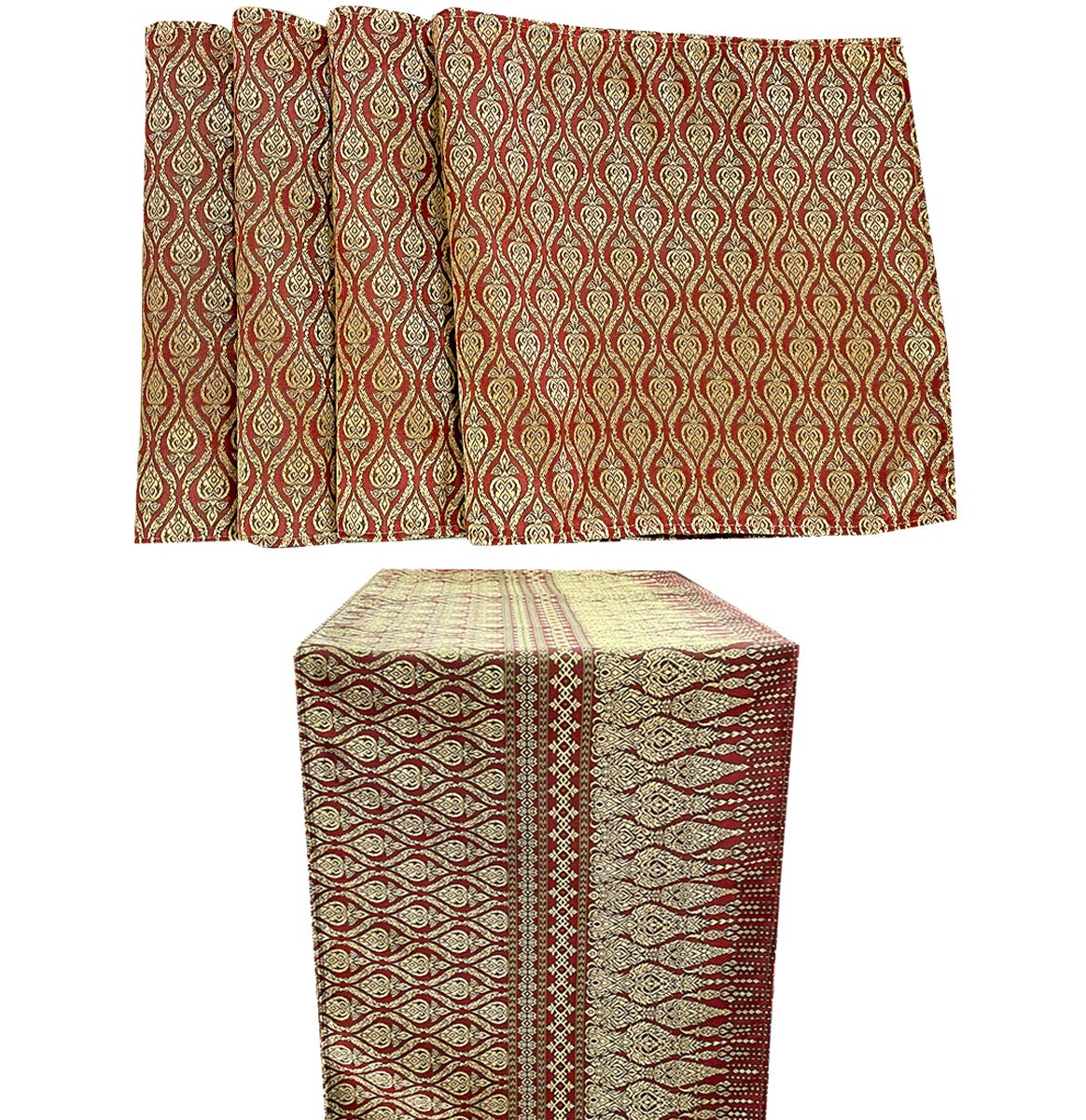 AMORNPHAN Traditional Thai Silk Damask Brocade Table Runner & Placemats Set - Handwoven 100% Silk Dining Table Decor (1 Runner + 4 Placemats) - Elegant Table Setting for Weddings, Parties & Home Decor