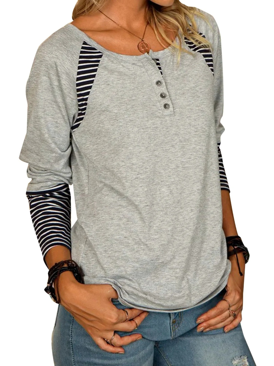 Men's Full Size Striped Quarter Button Long Sleeve T-Shirt - Casual Comfort Wear for Everyday Outfits & Layering