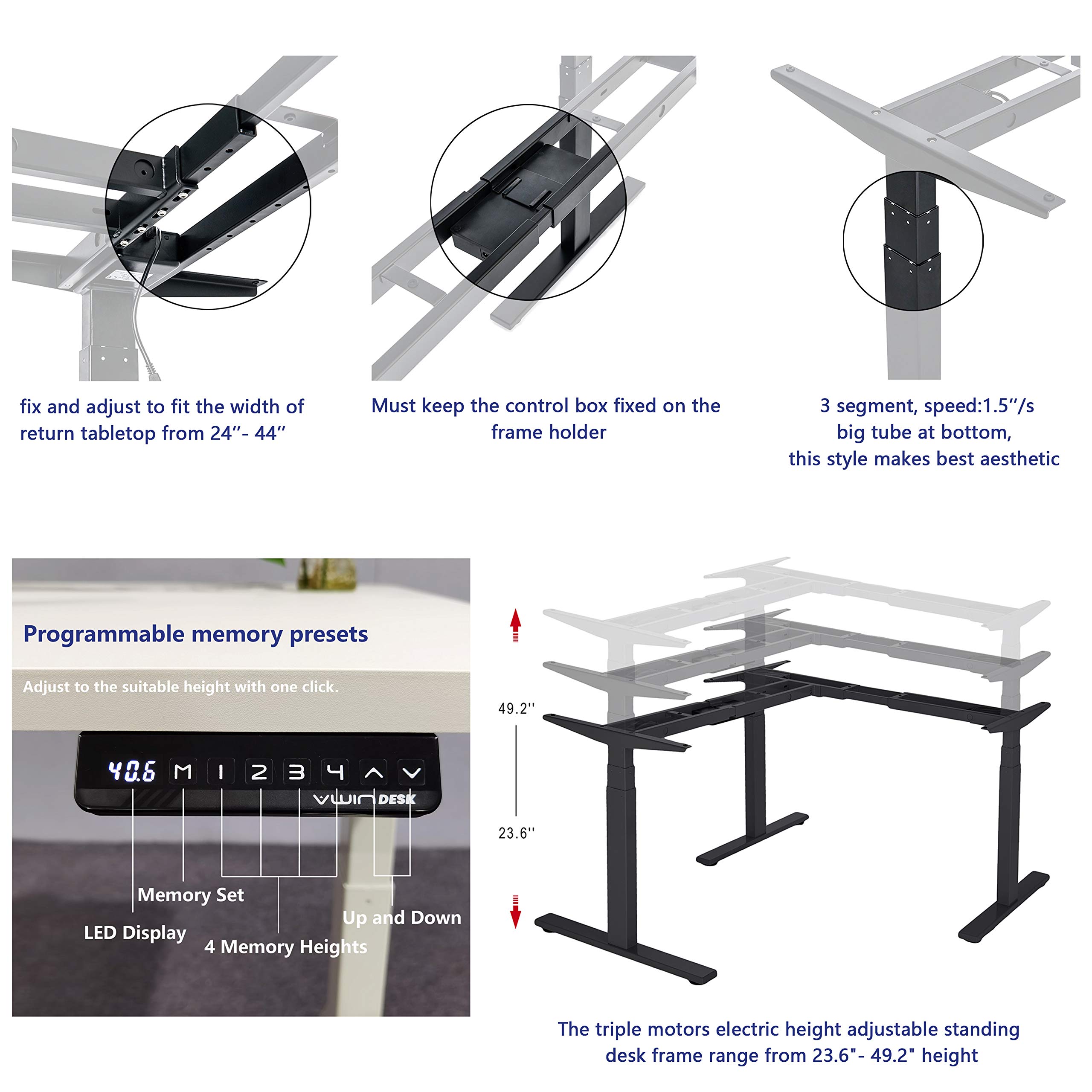 VWINDESK VJ301 L-Shaped Electric Height Adjustable Standing Corner Desk Frame - Triple Motor, Ergonomic Sit Stand Steel Base with Digital Memory Keypad (White) | Perfect for Home Office, Gaming Setup & Workspace Ergonomics
