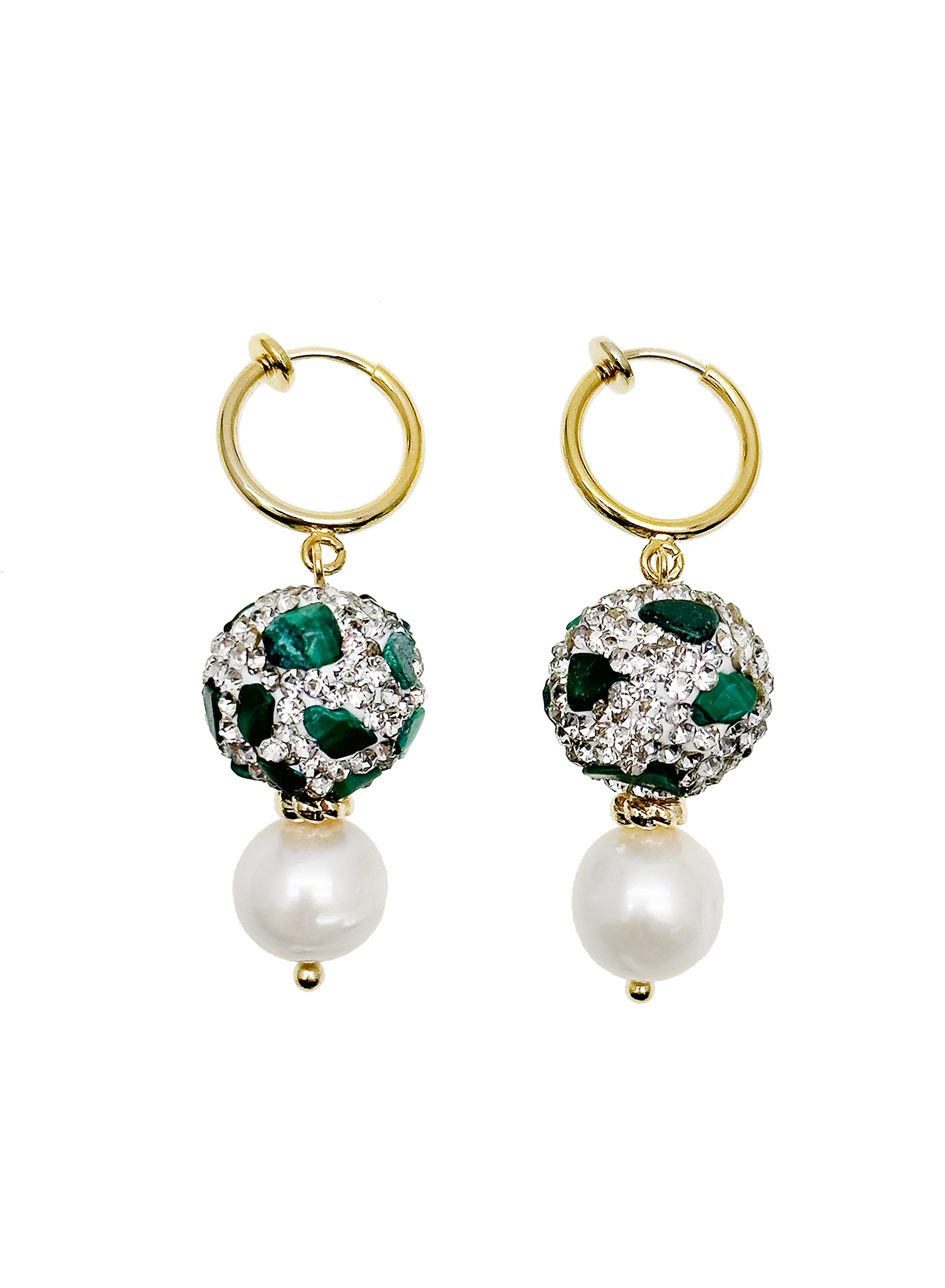 Malachite Rhinestone & Freshwater Pearl Clip-On Earrings JE036 - Elegant Jewelry for Parties, Weddings & Special Occasions