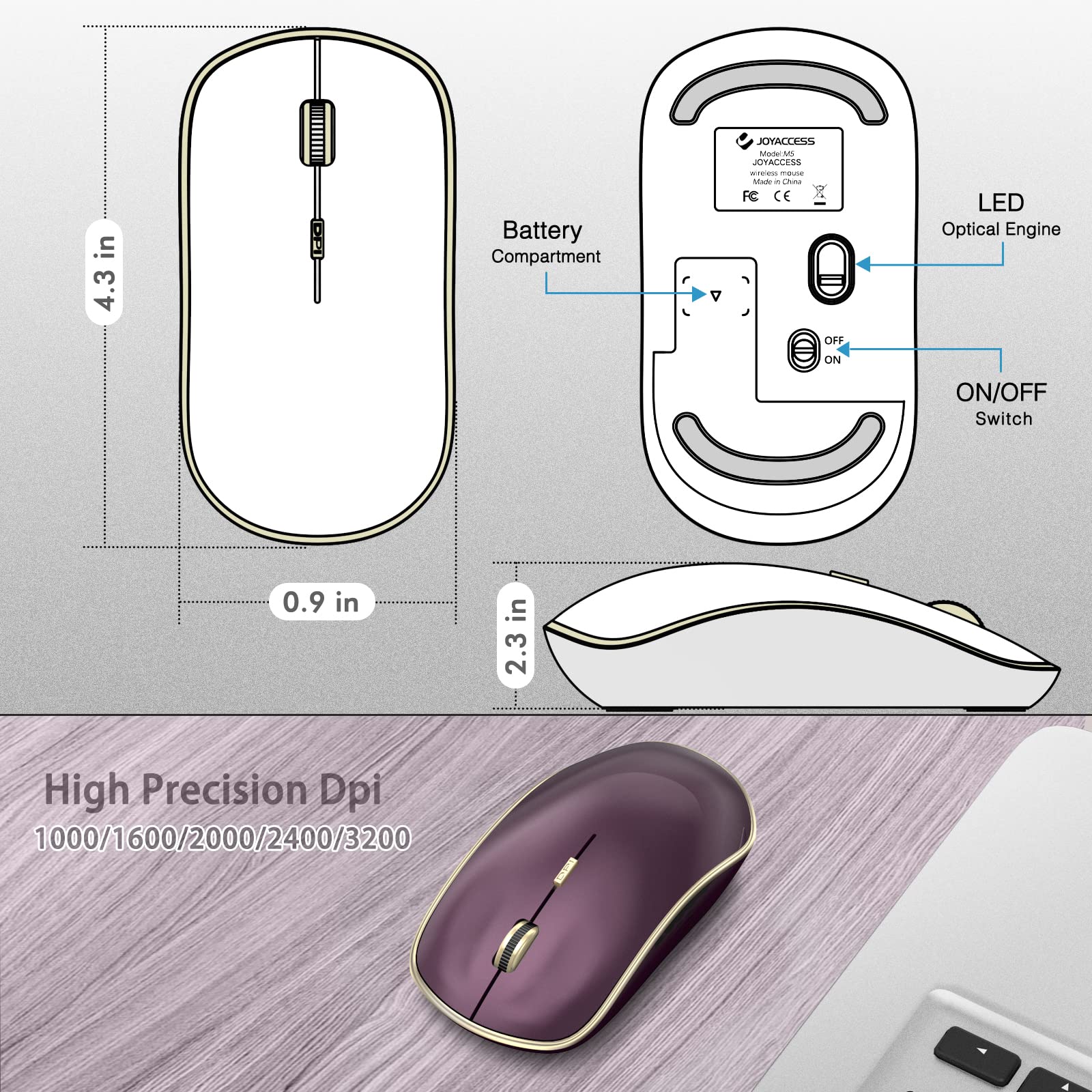 JOYACCESS J Wireless Mouse for Laptop - 2.4G Slim Silent Mouse with 3200 DPI, USB Receiver for Desktop, Notebook, Chromebook, PC (Wine Red) | Perfect for Office Work, Online Classes & Gaming