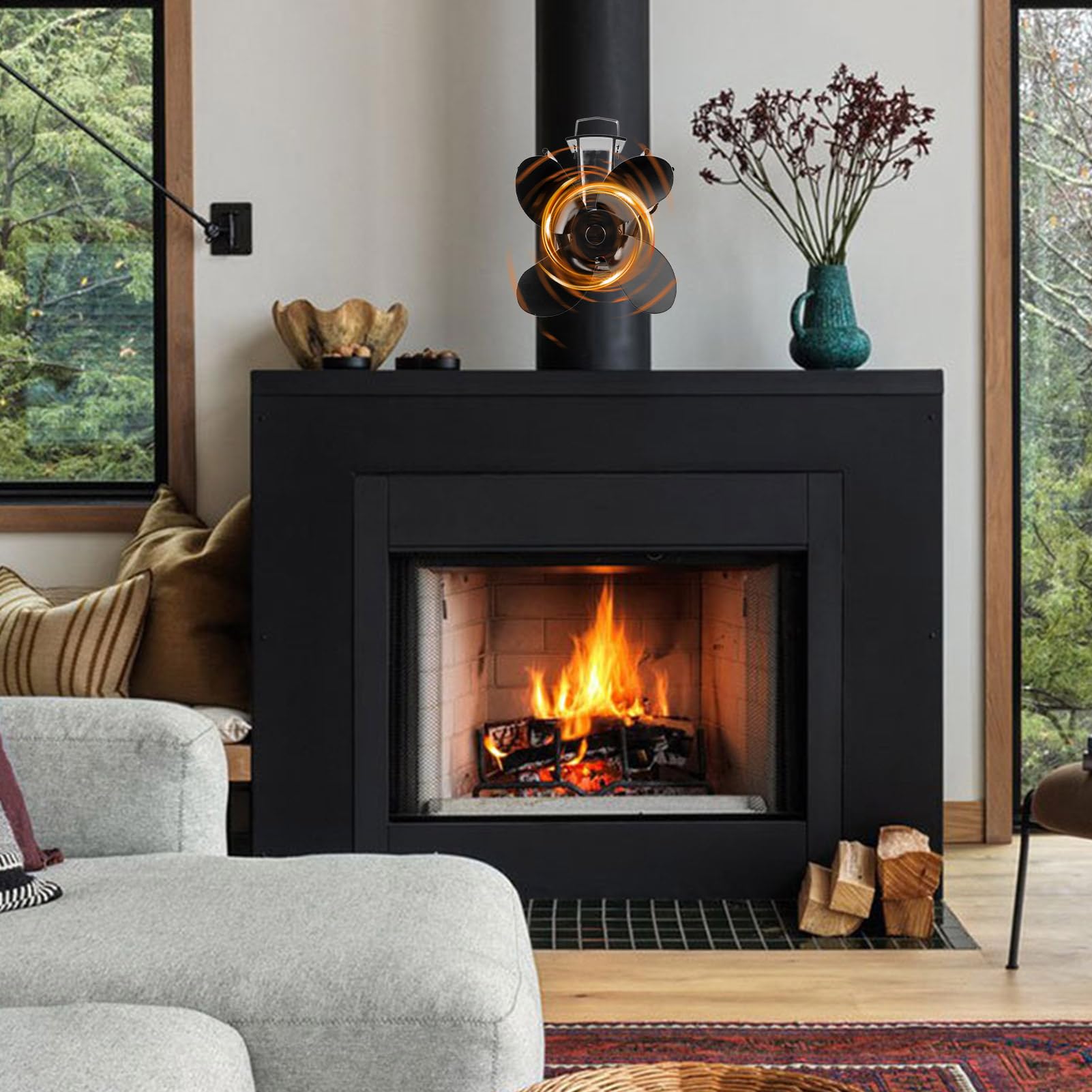 Awakentti Heat Powered Wood Stove Fan - 4-Blade Wall Mounted Fireplace Fan for Efficient Heat Distribution & Quiet Operation - Perfect for Wood Stoves, Log Burners & Fireplaces - Ideal for Cozy Home Heating & Energy Savings