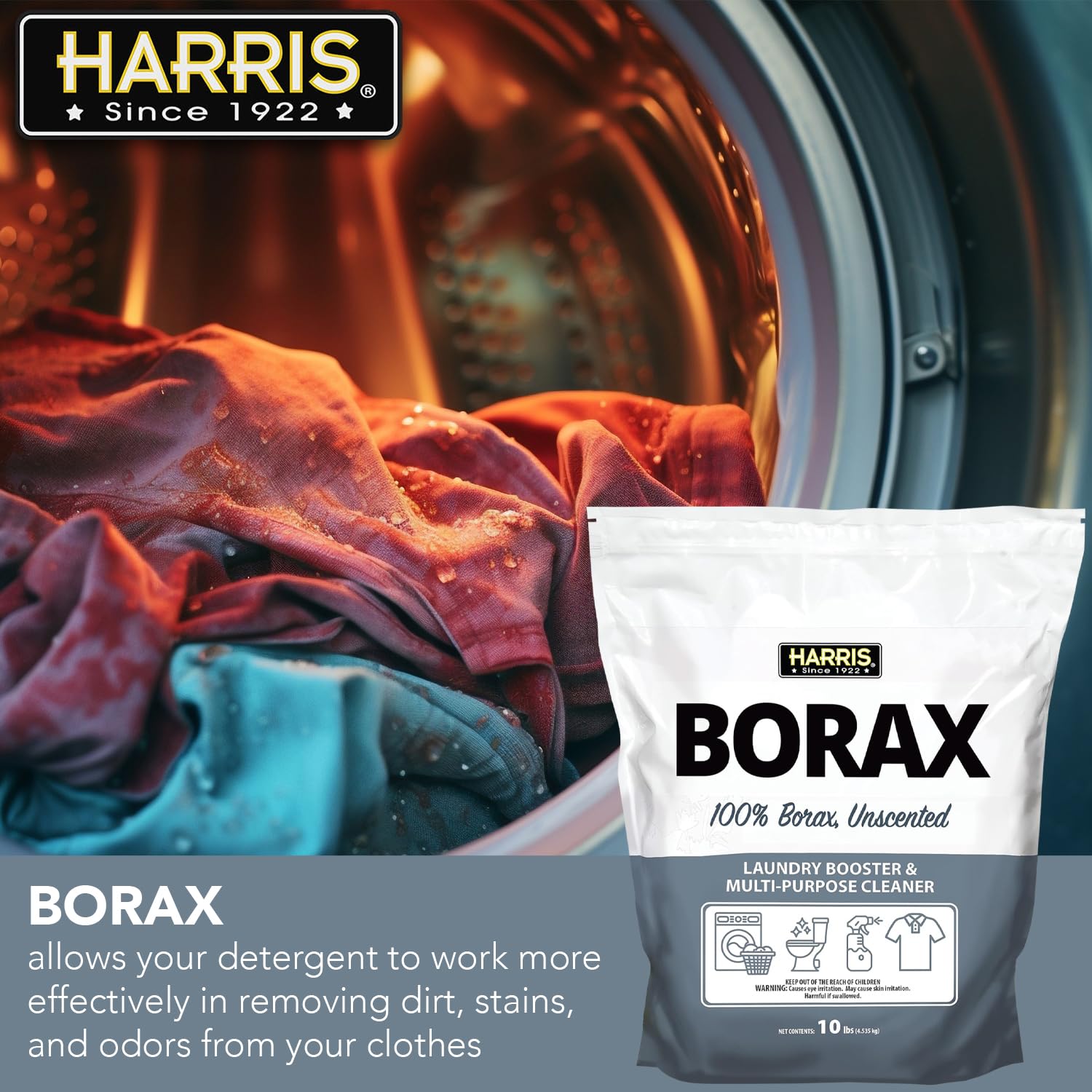 Harris 10lb Borax Powder - Unscented Laundry Booster & Multipurpose Cleaner for Stain Removal, Odor Control, and Household Cleaning | Ideal for Laundry, Dishwashing, and All-Purpose Cleaning