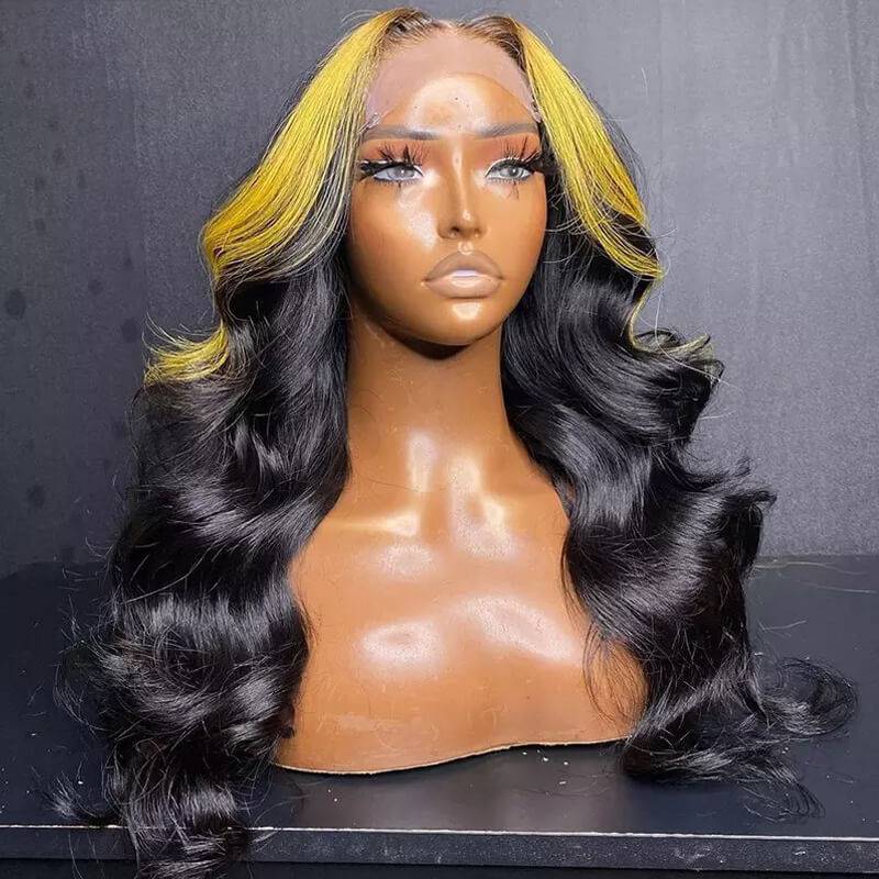 Eullair 13x4 Body Wave Lace Front Wig - Colored Blonde Skunk Stripe Human Hair Wig for Women | Perfect for Cosplay, Halloween, and Daily Fashion Styling